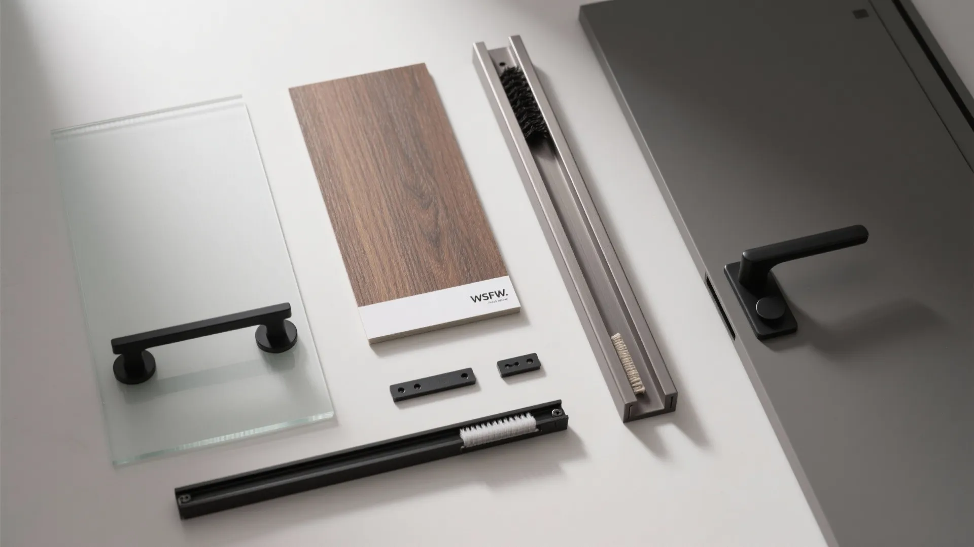 Interior design materials including glass and wood samples with black door handles on white surface