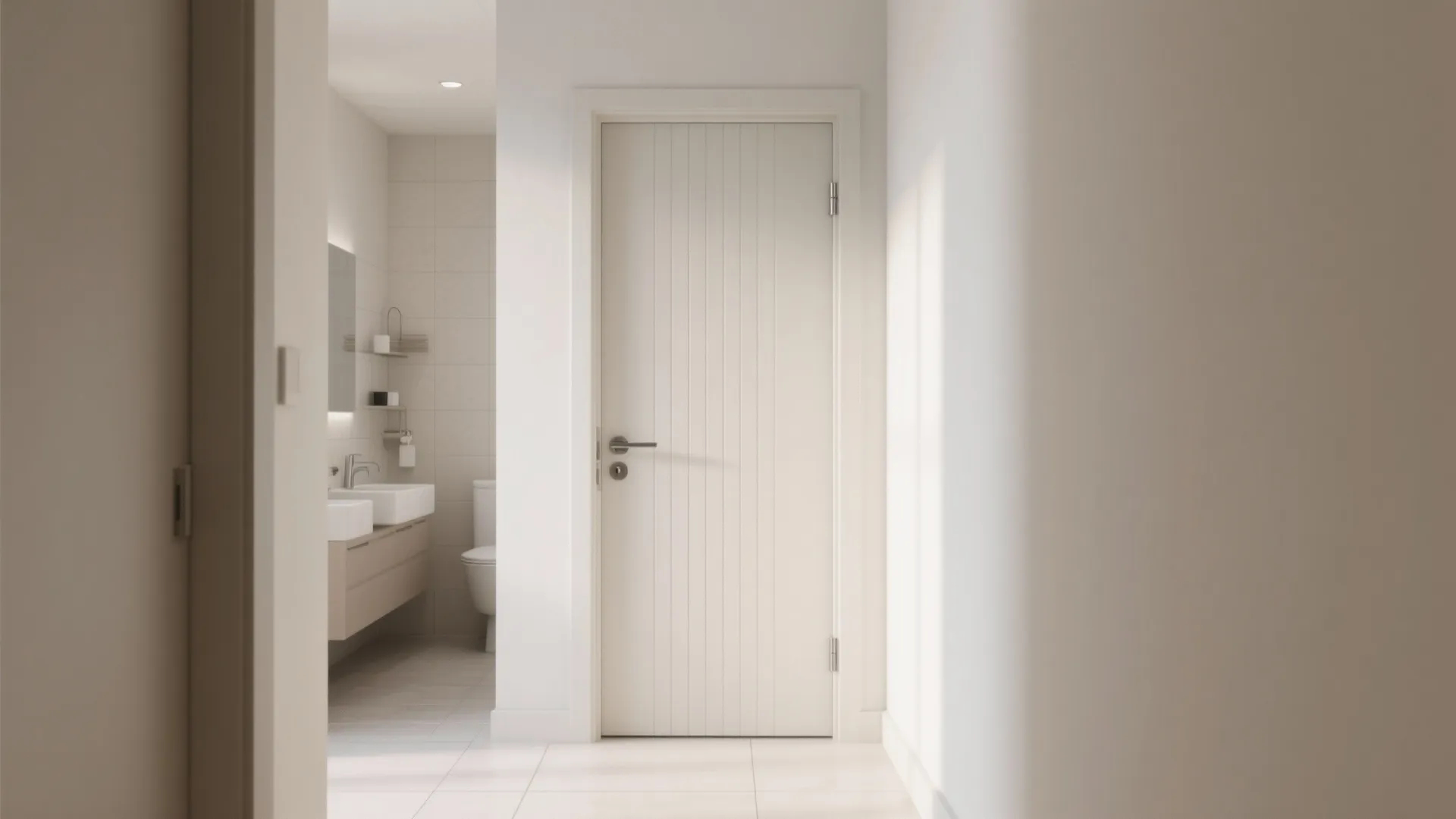 Modern white wooden door in hallway leading to a bright bathroom with sink and toilet