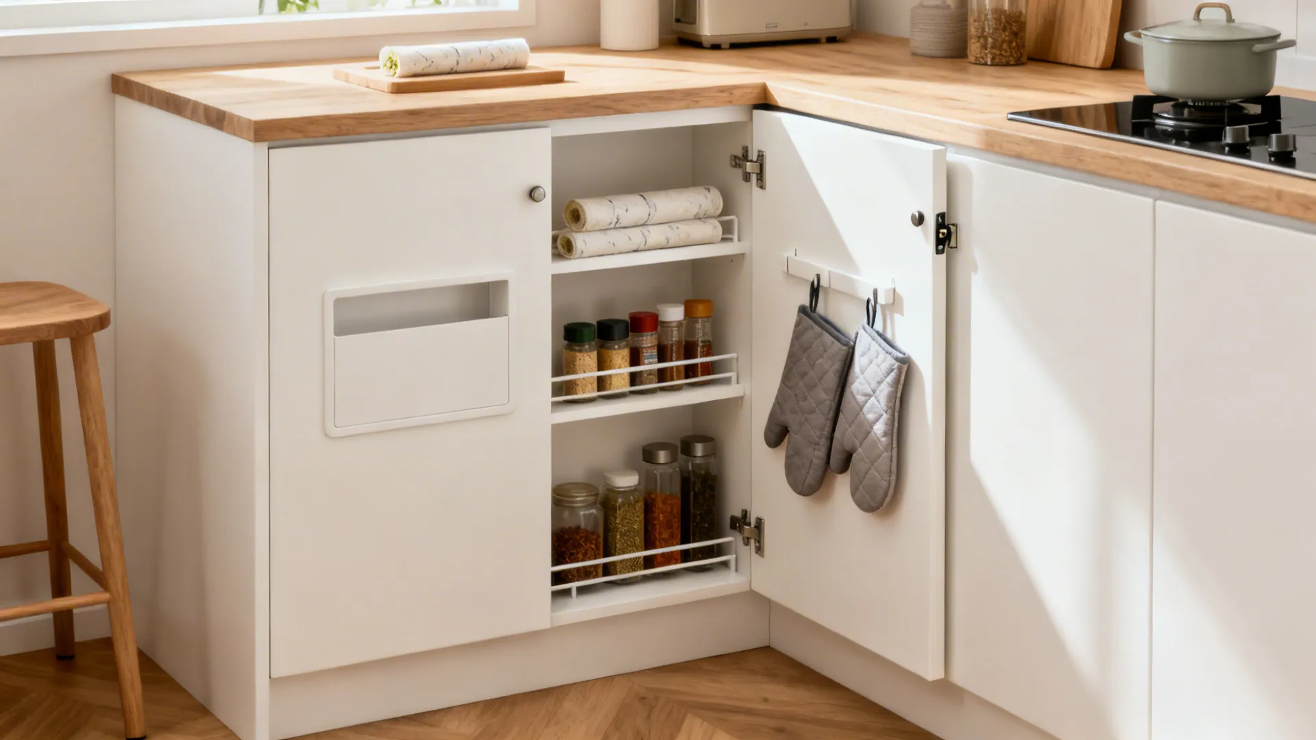 PVC swing kitchen door with shallow integrated shelves for spices and wraps.
