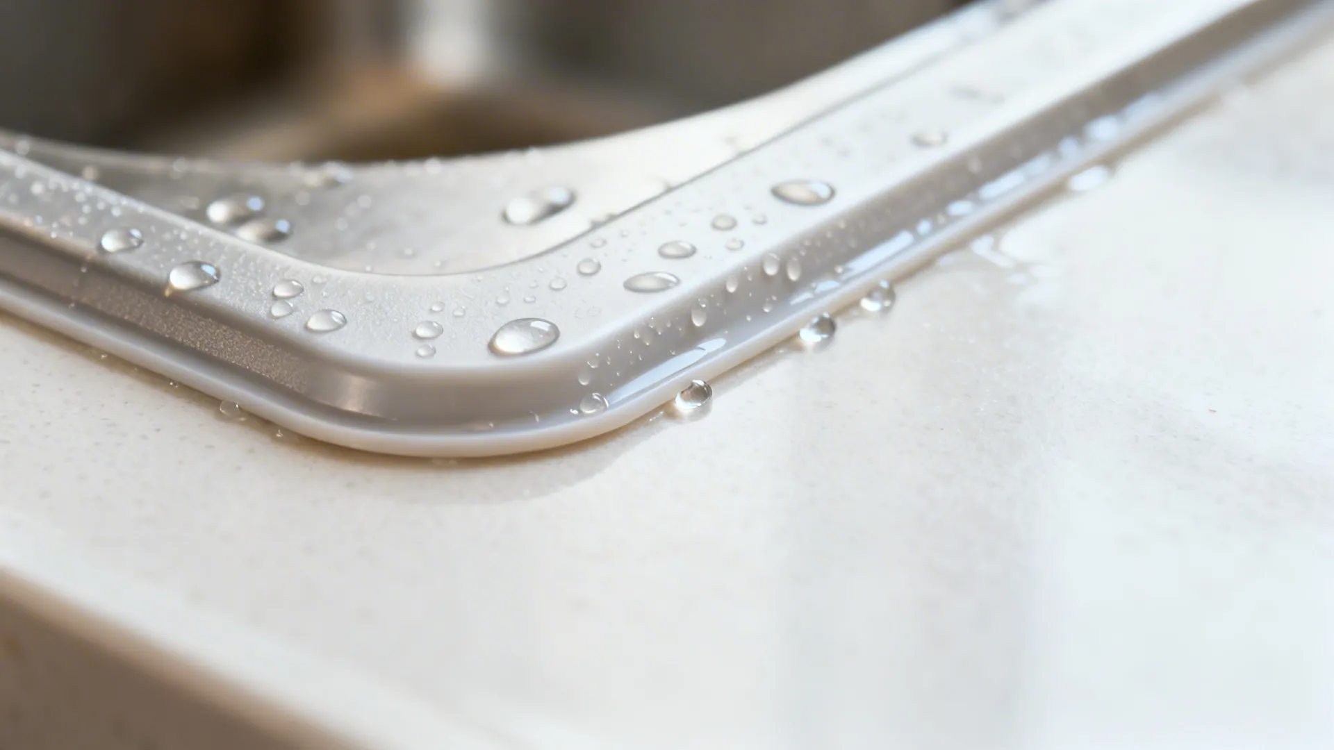 Close-up of a PVC under-sink drip shield with water beading on its rounded edge.