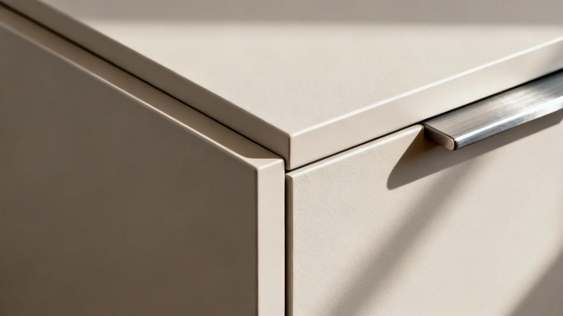 Close-up of seamless edge banding on a matte PVC cabinet door.