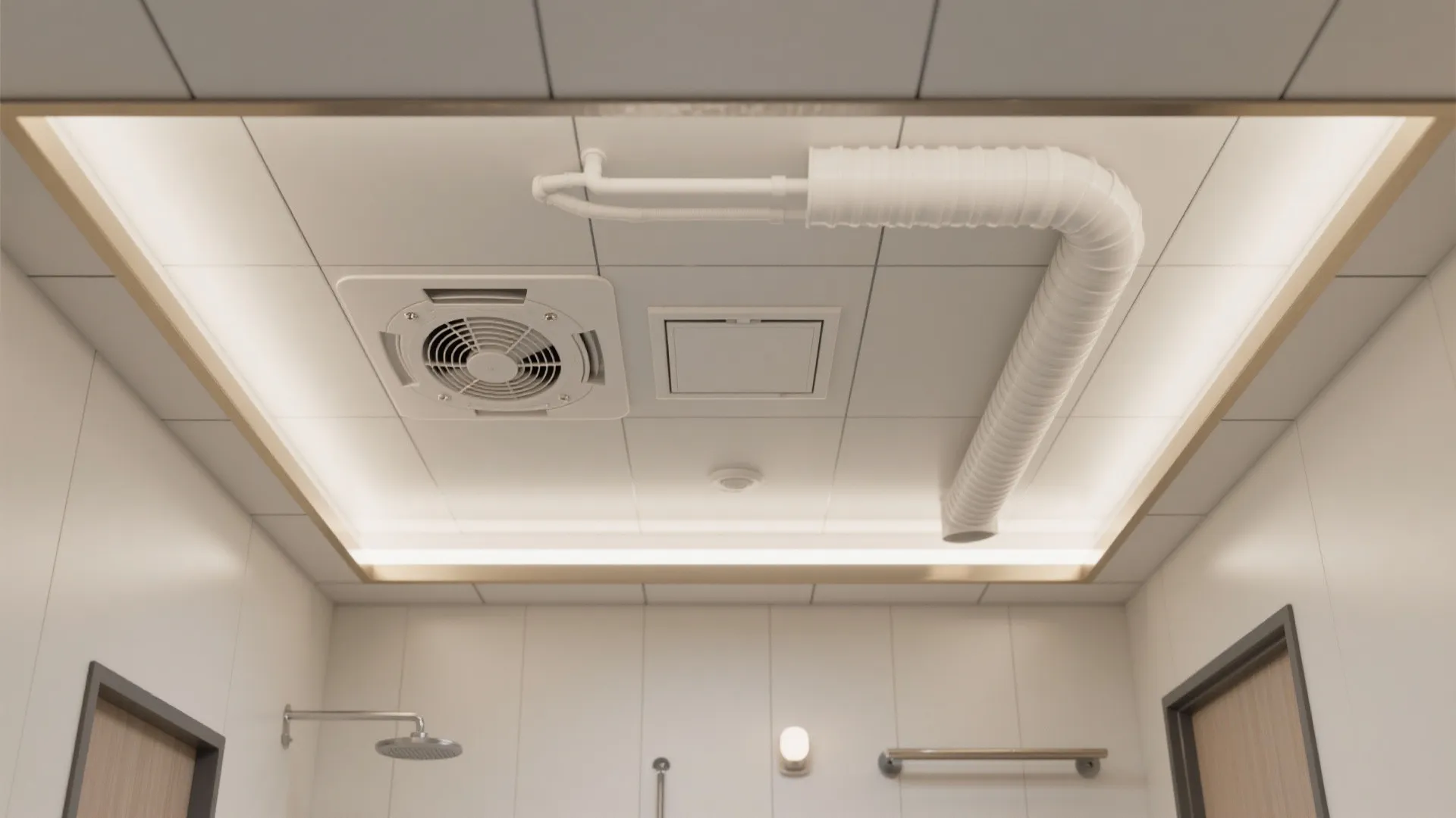 Close up interior design drawing of bathroom ceiling with exhaust fan and white ventilation pipe