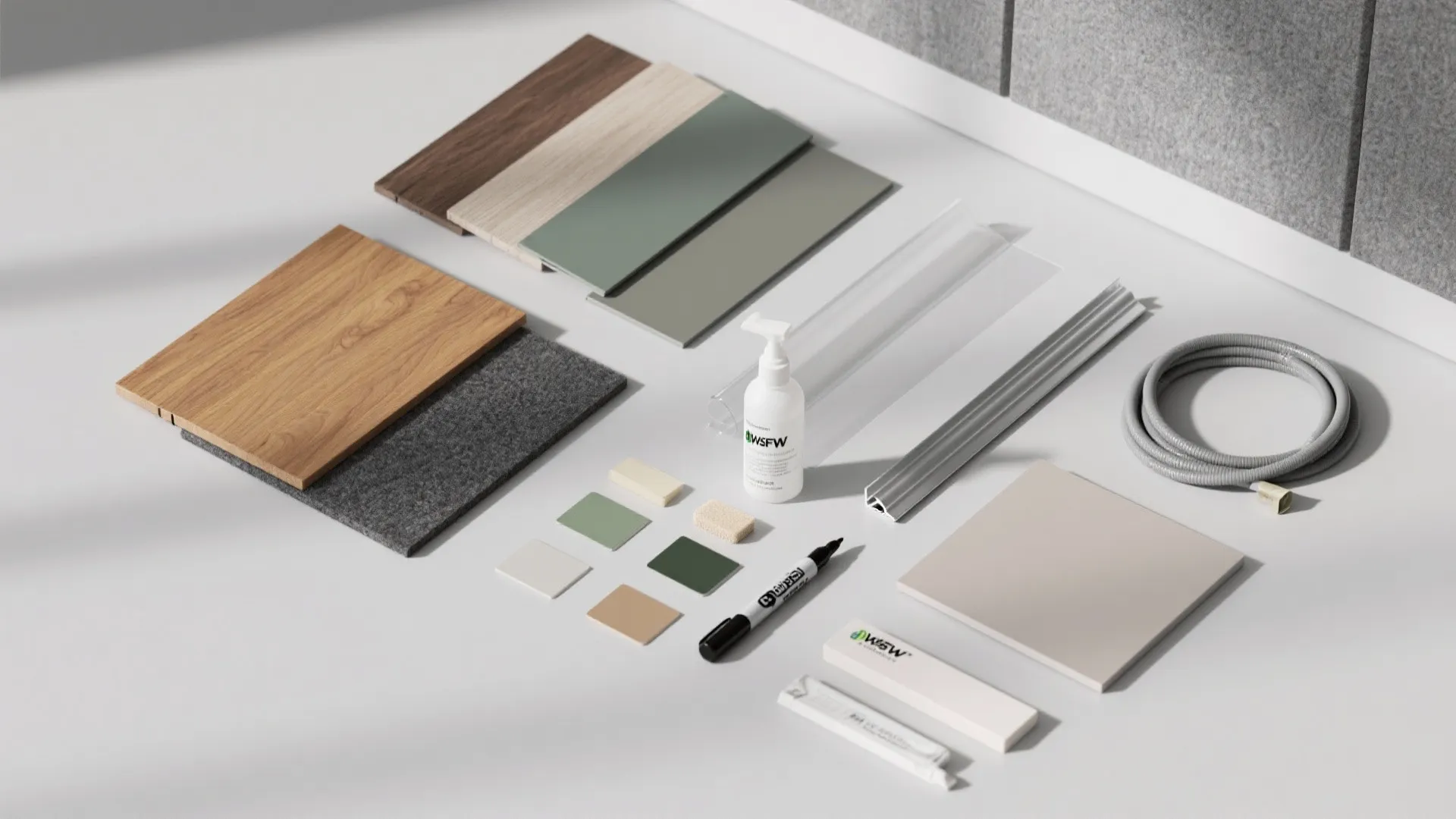 Various interior design materials including wood planks color swatches metal pieces and a black marker