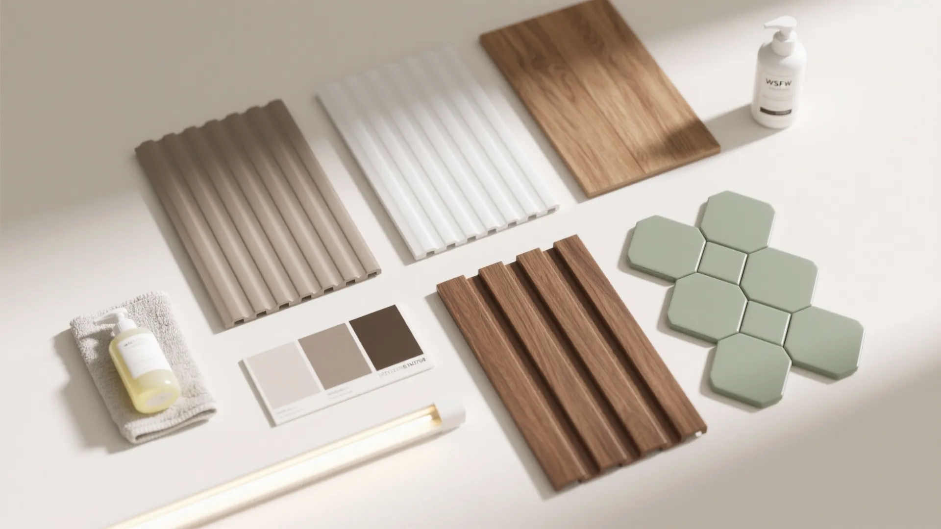 Interior design materials including wall panel samples green tiles color swatches and light fixture on desk