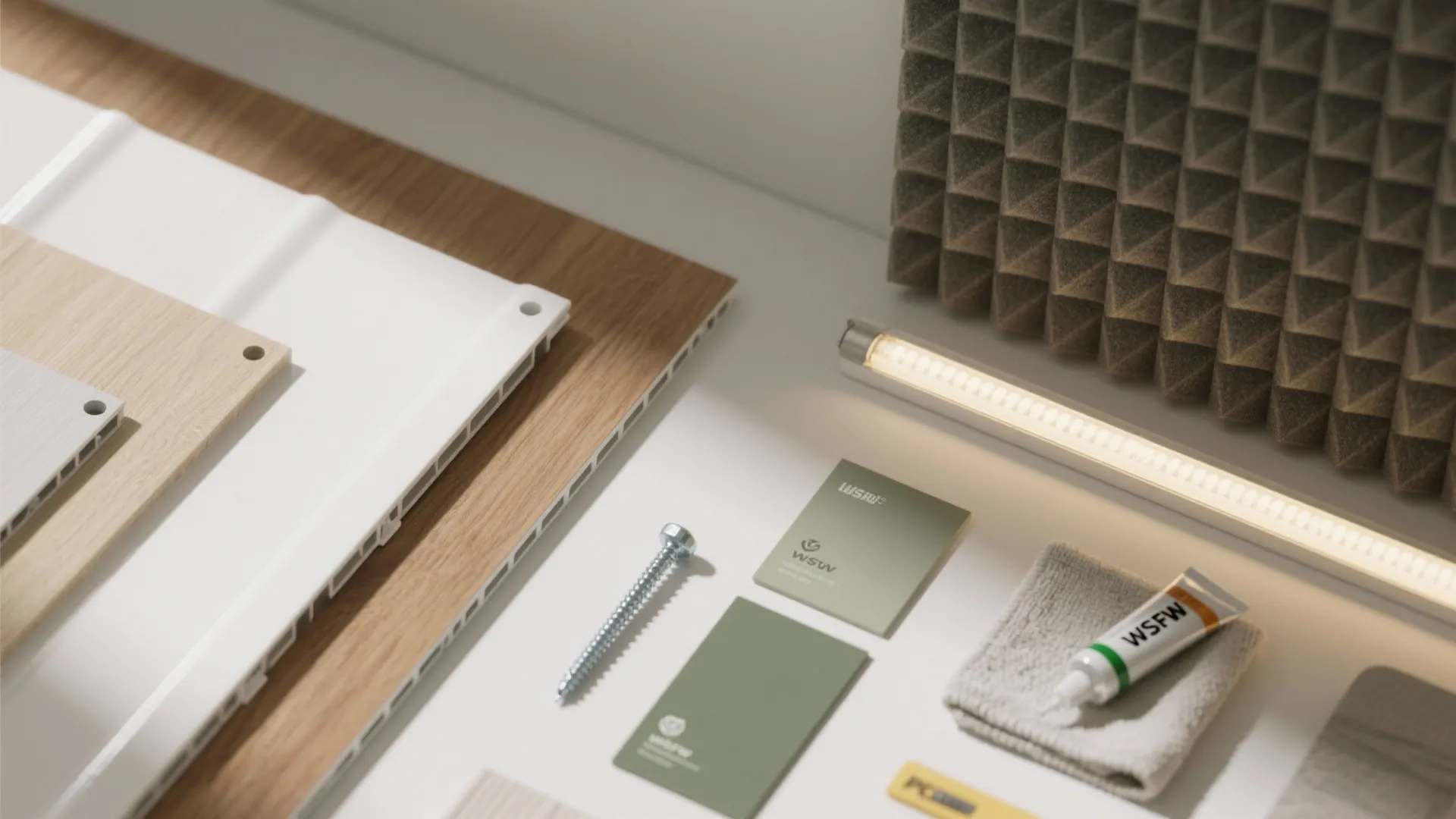 Interior design materials featuring wood panels, white PVC panels, screw, color cards, and light fixture