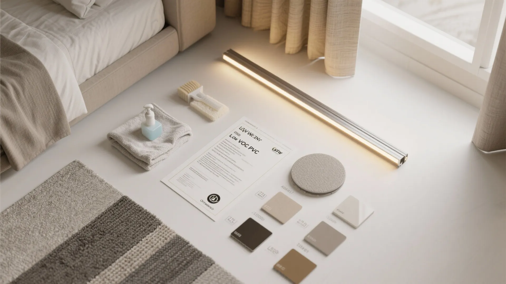 Flat lay of interior design materials including color samples document light fixture towel and brush