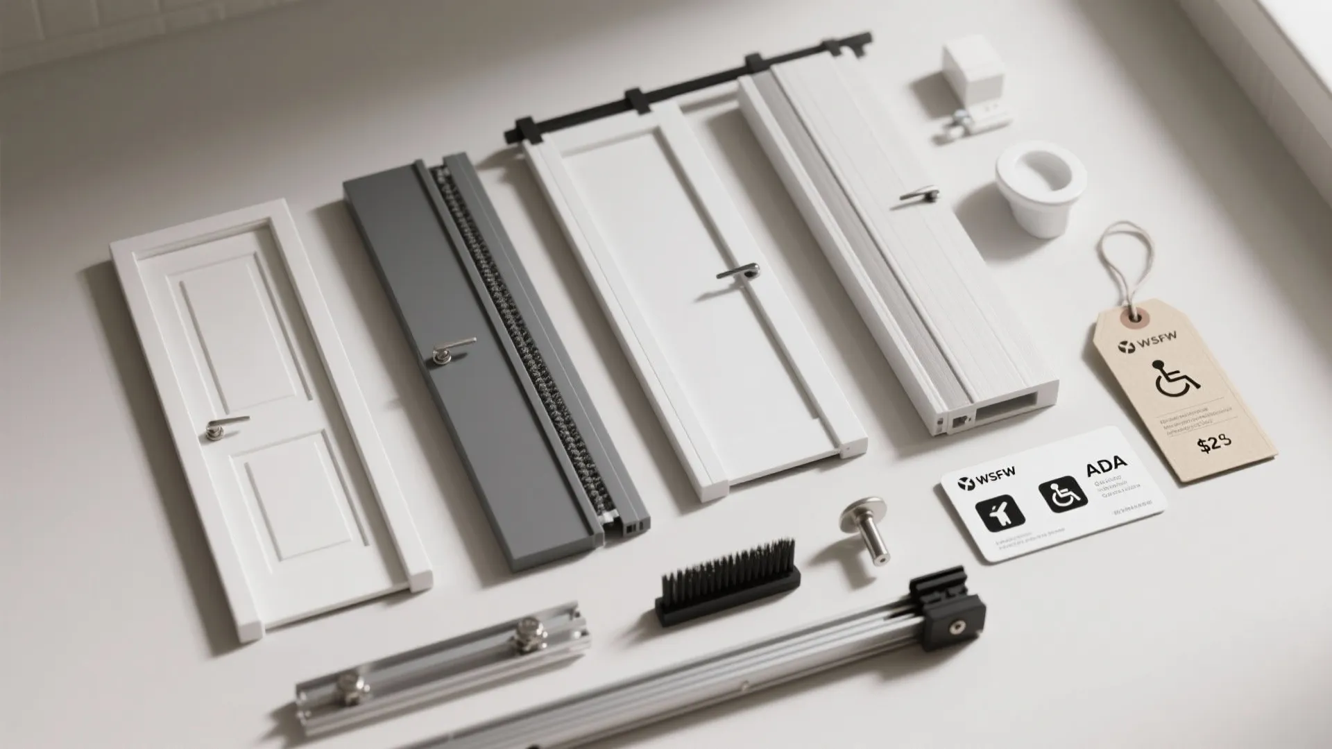 Flat lay of various door samples with metal tracks and small bathroom fixtures on white background
