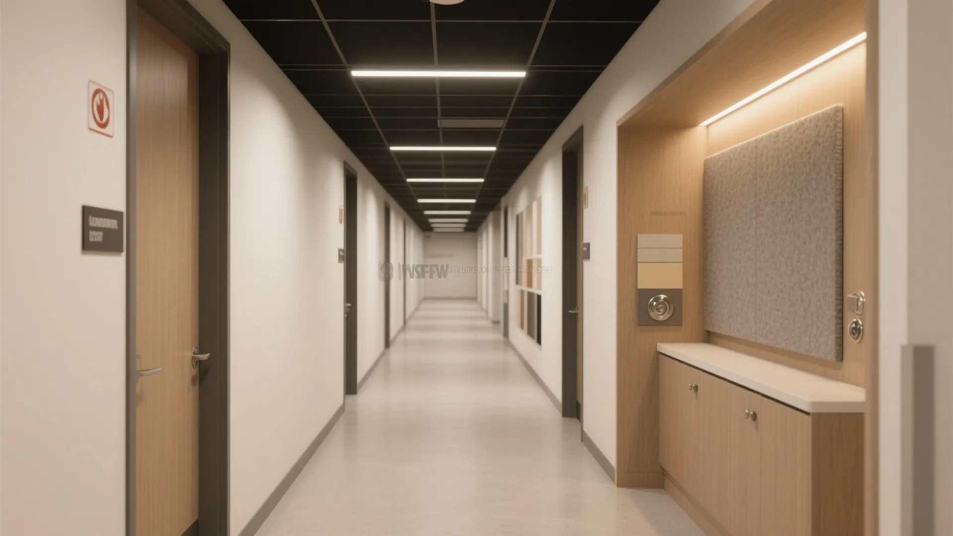 Modern hallway demonstrating matte PVC, gloss brightness, acoustic backing, and consistent warm lighting.