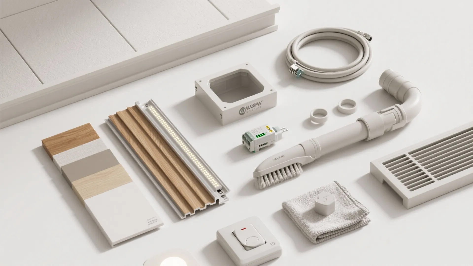 Collection of interior design materials including wood samples light fixture cable switch and cleaning brush