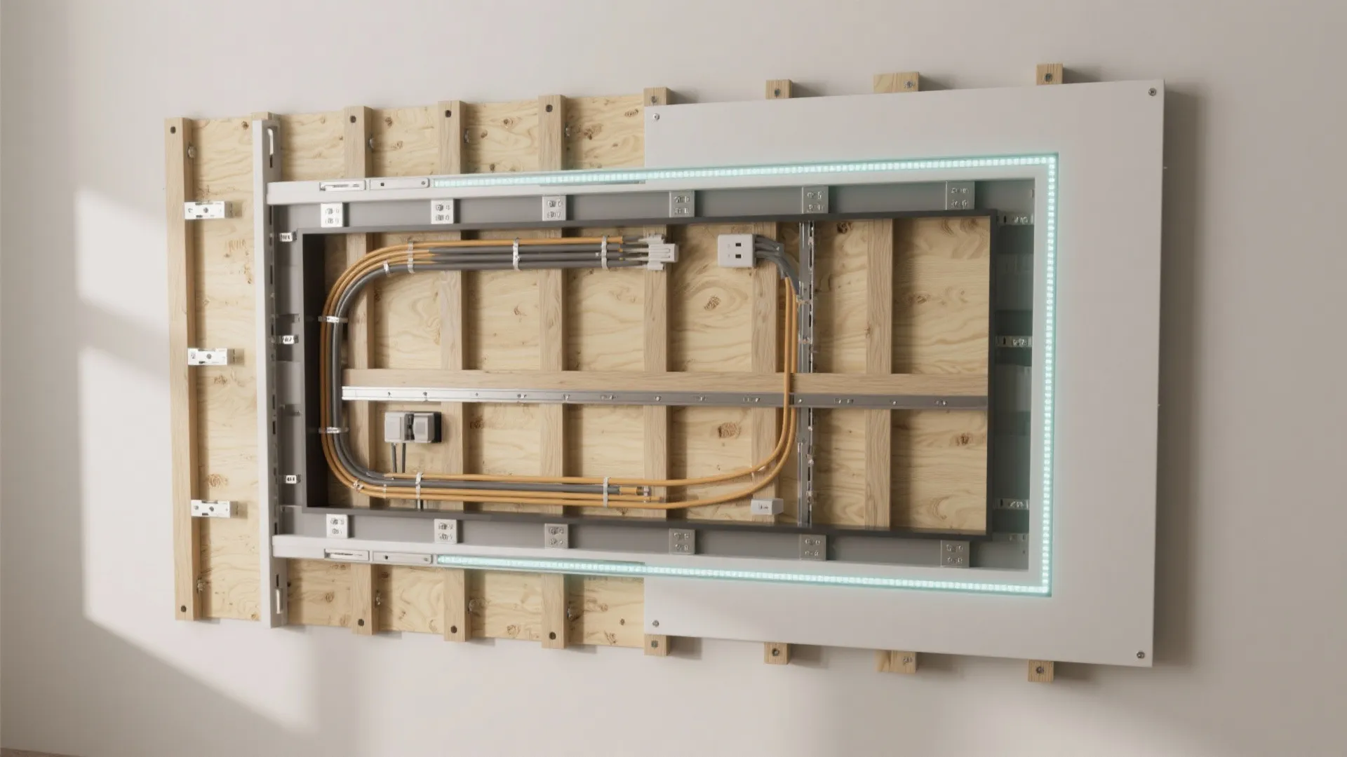 Internal wall structure showing wooden frame with electrical wires and light strips for interior design