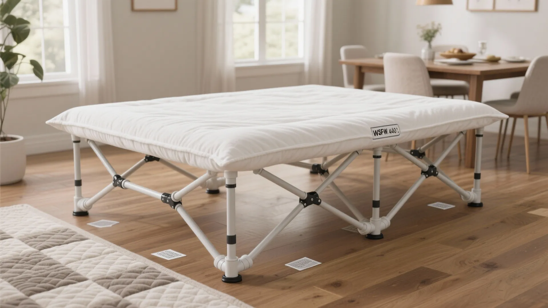 White folding cot with thick mattress pad on metal pipe frame in a bright living room