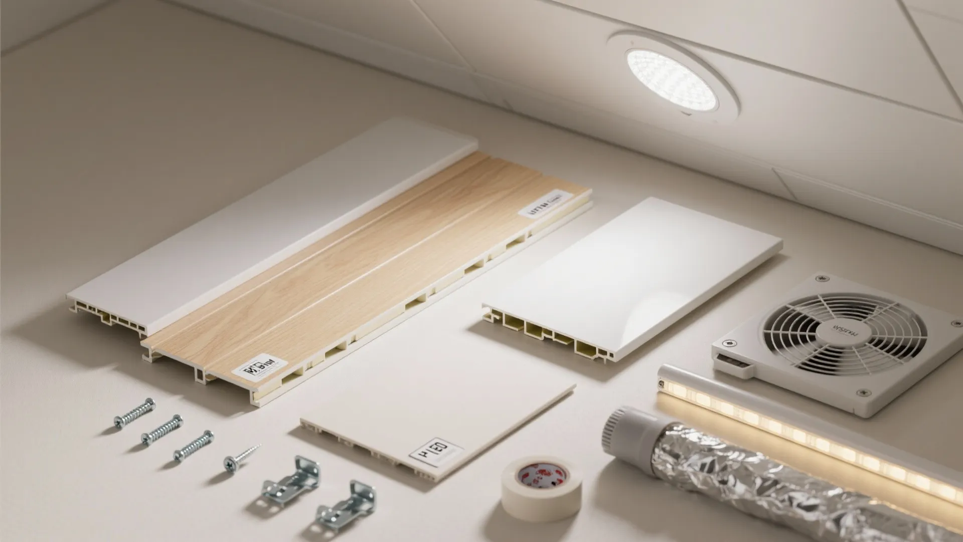 Collection of home renovation materials including white wall panels wood planks screws tape and lights