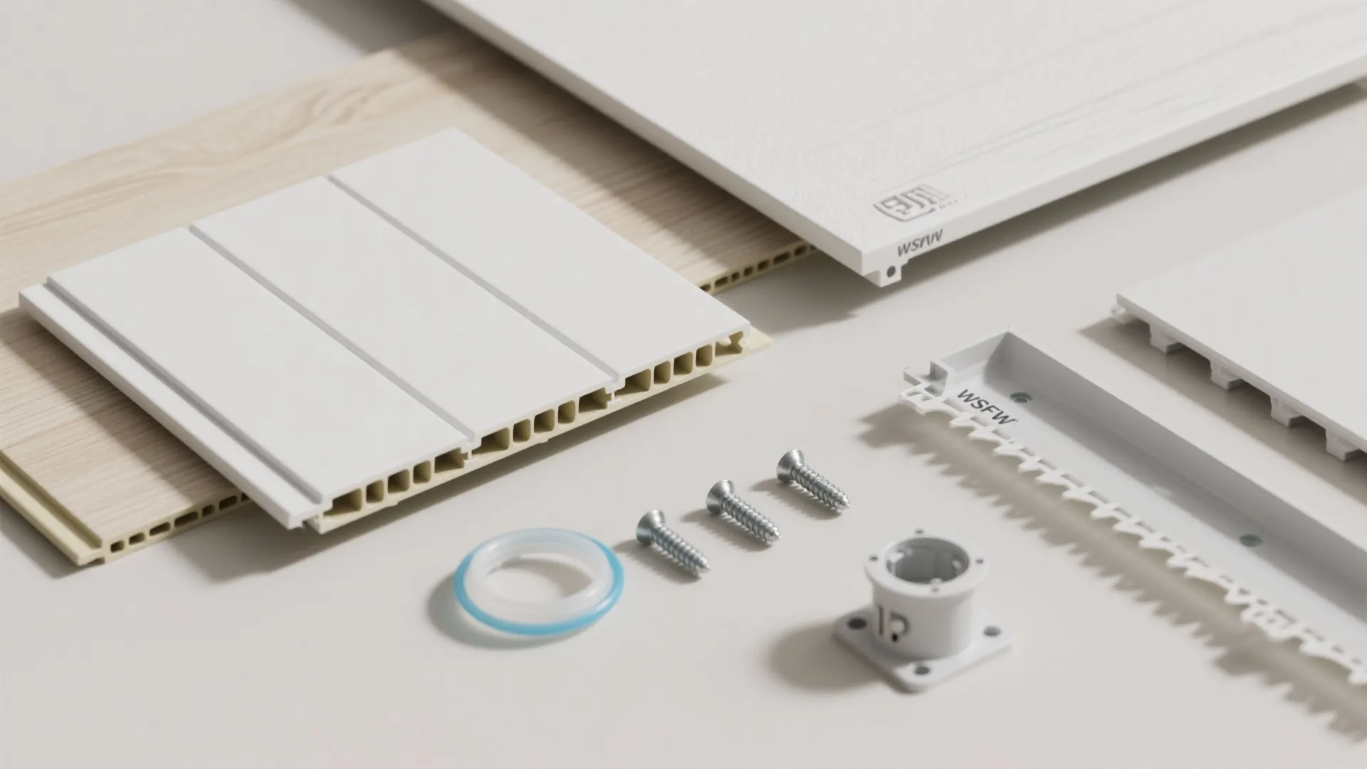 White wall panels and floor boards shown with screws and plastic parts for easy home installation