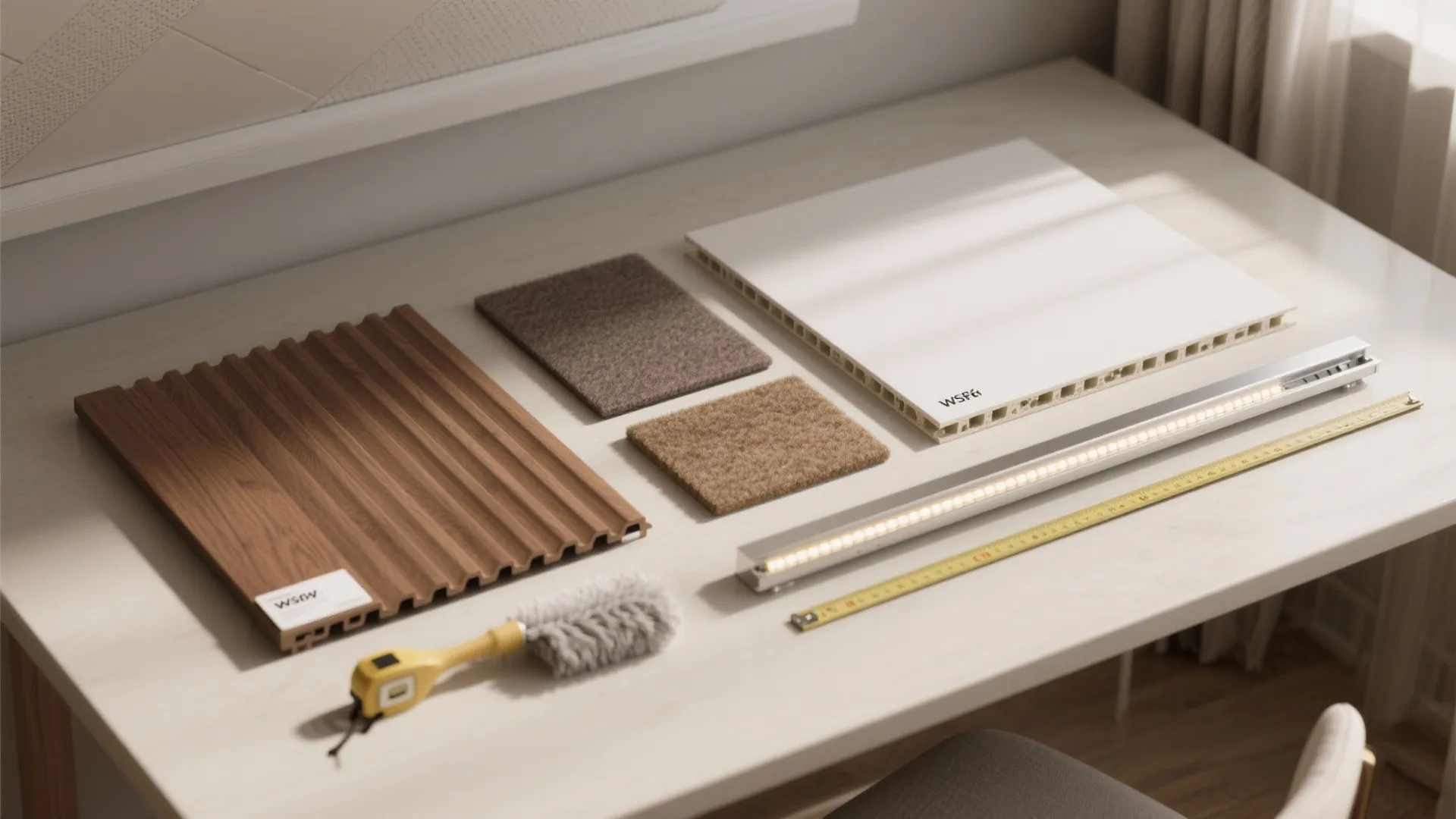 Table with wall panels fabric samples white board light fixture measuring tape and cleaning brush tools