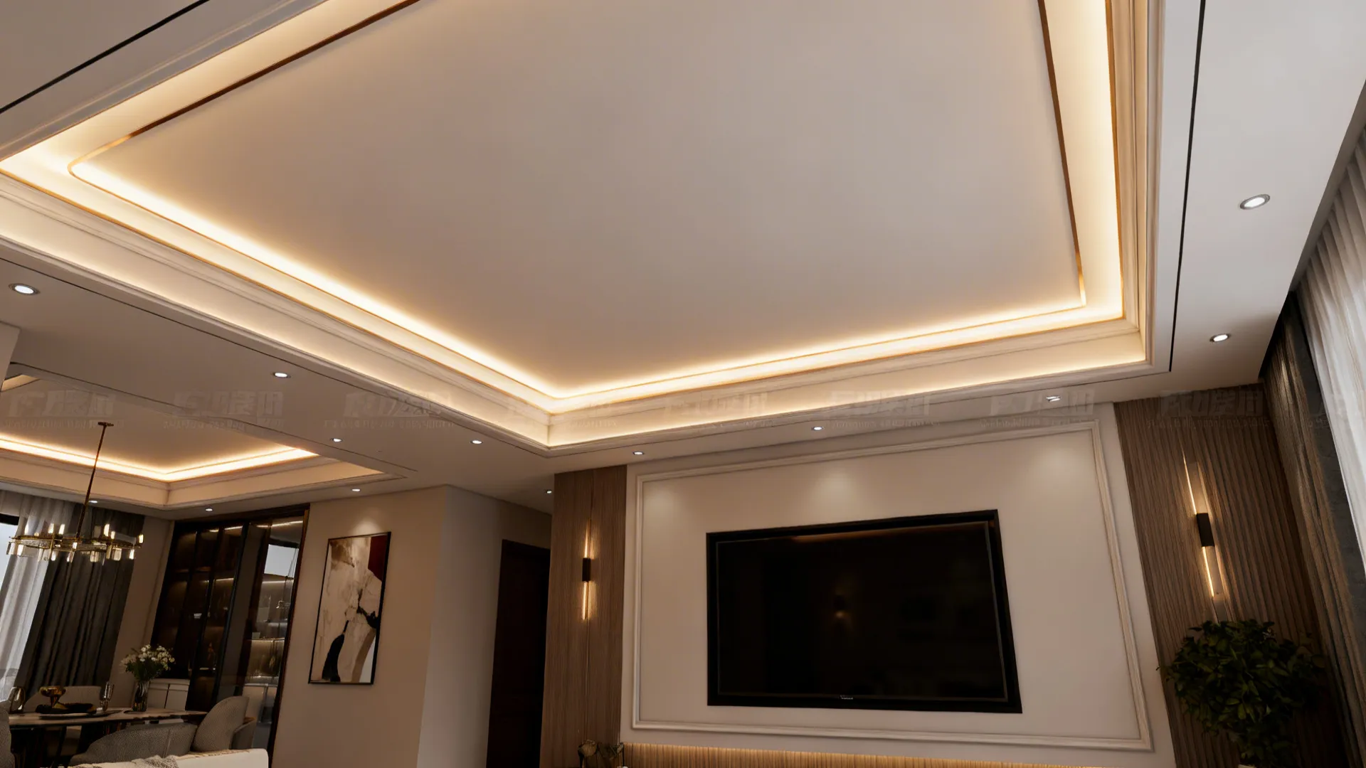 Floating PVC border ceiling with recessed cove lighting creating a soft halo in a small living room.