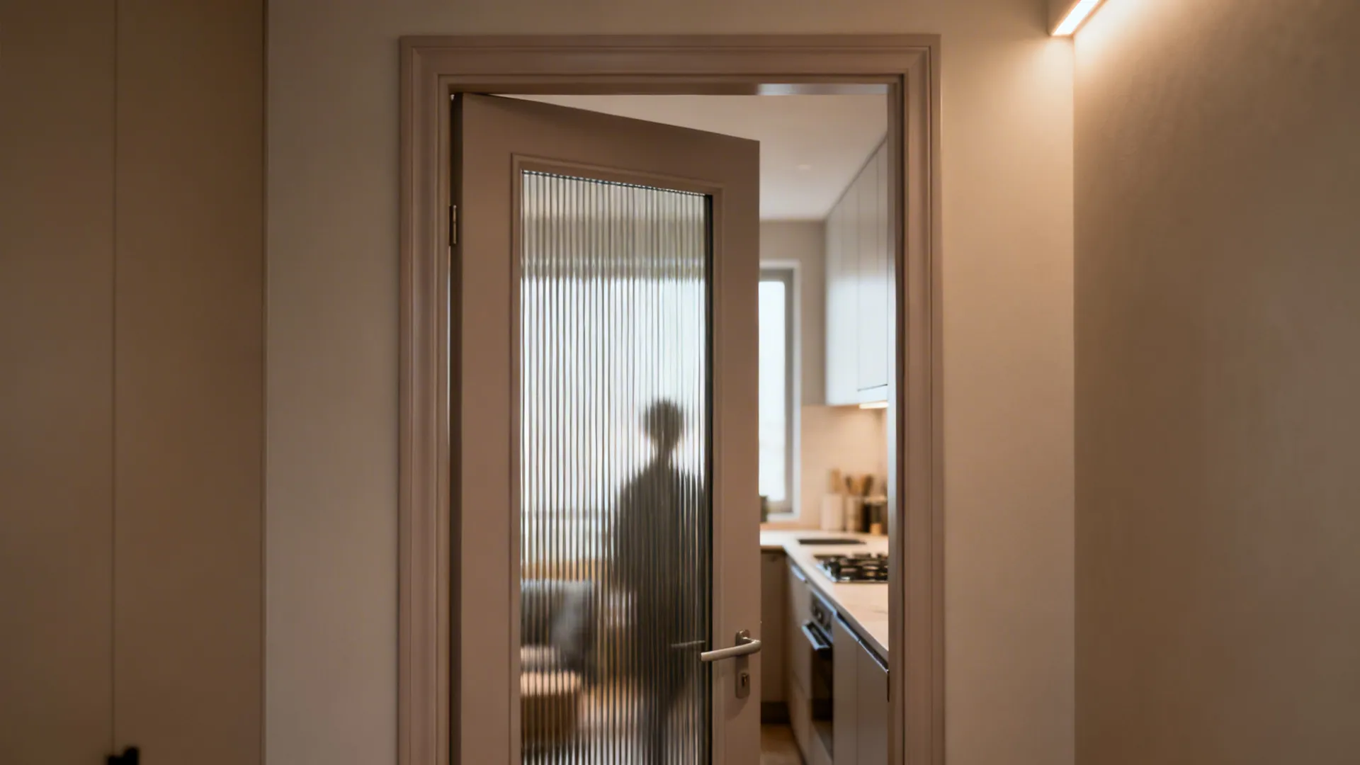 PVC-framed kitchen door with vertical fluted glass diffusing light between rooms.