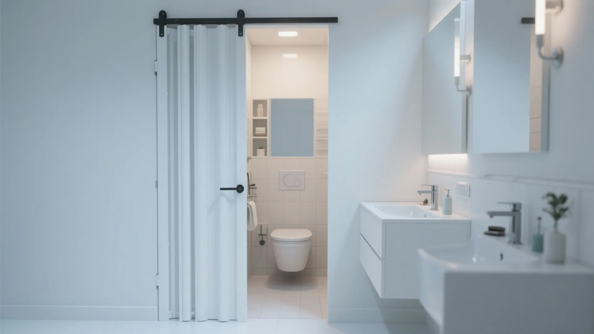 Modern white folding door leading to a clean bathroom with toilet sink and wall lights