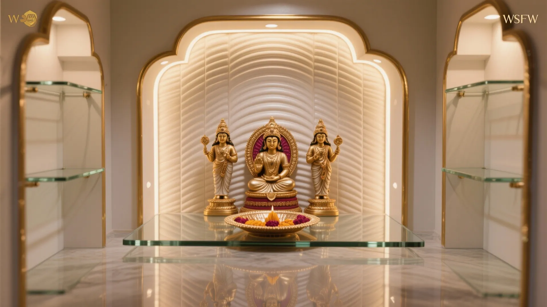 PVC mandir with fluted back panel, tempered glass shelves and warm brass trims under soft lighting.