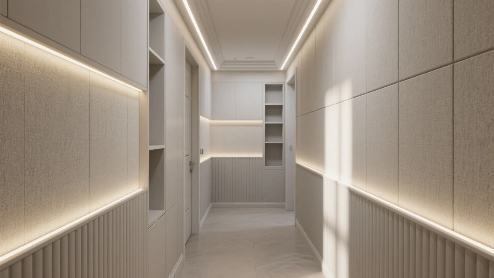 Long hallway with cream wall panels integrated light strips and built in storage shelves design