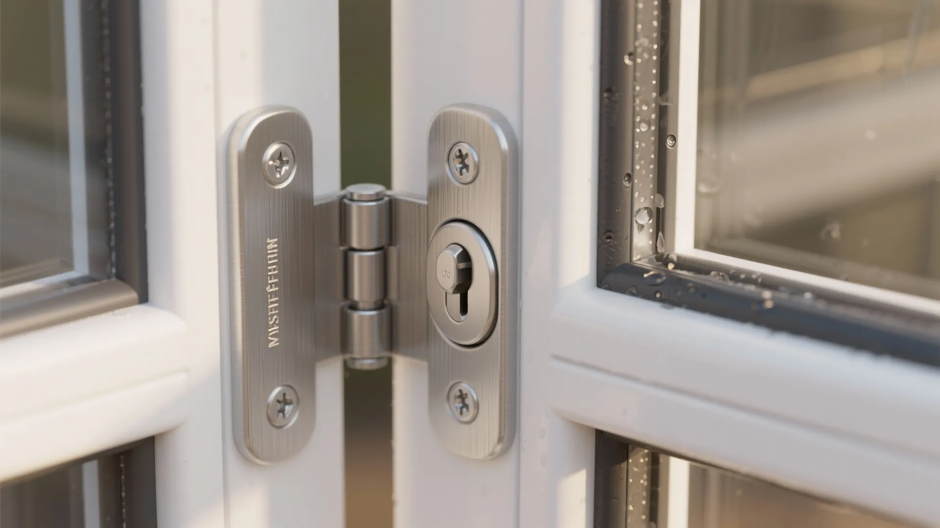 Close up view of a silver metal door hinge installed on a white window frame