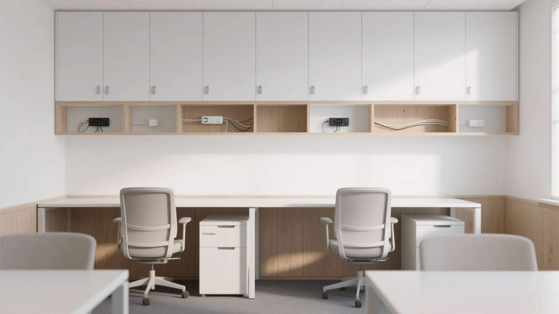 White office storage cabinet with wooden shelves above long desk, two grey chairs and drawers