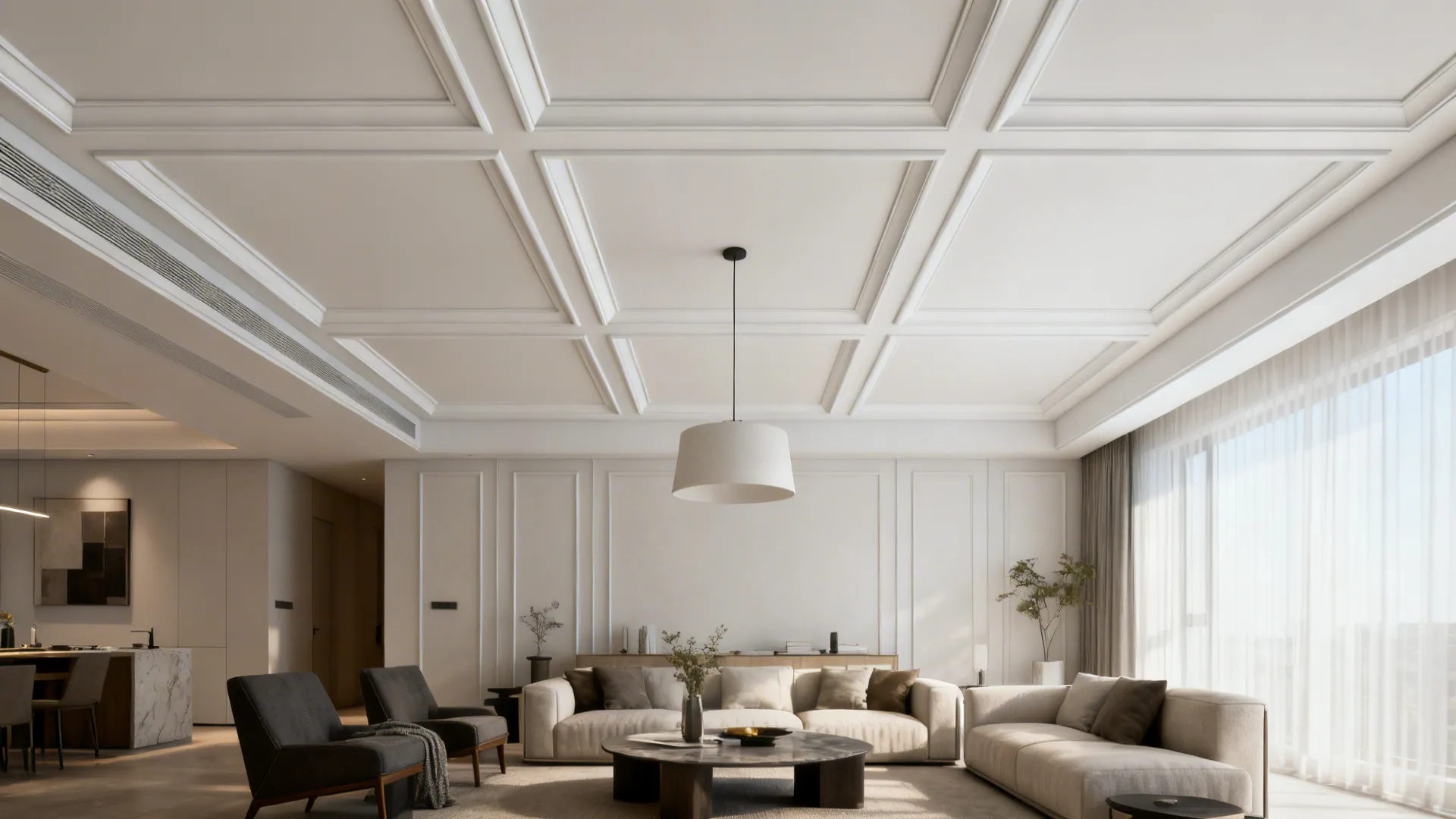Living room with shallow geometric PVC inset ceiling panels framing the seating area.