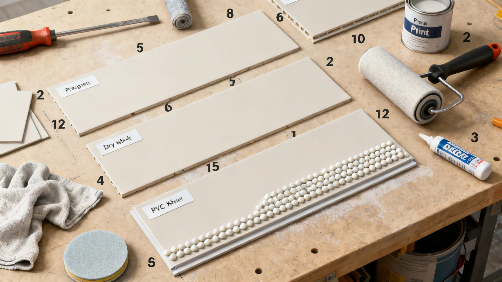Top-down layout of PVC panel install tools and steps from prep to sealing.