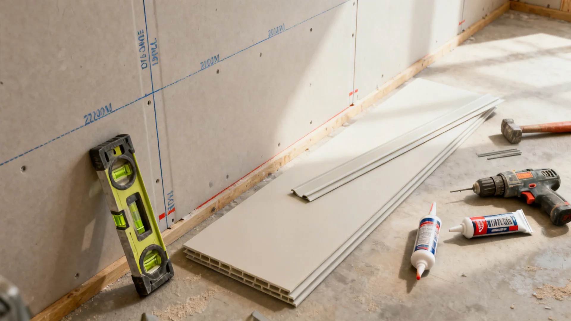 Top-down view of PVC panel installation planning with marked studs and tools.