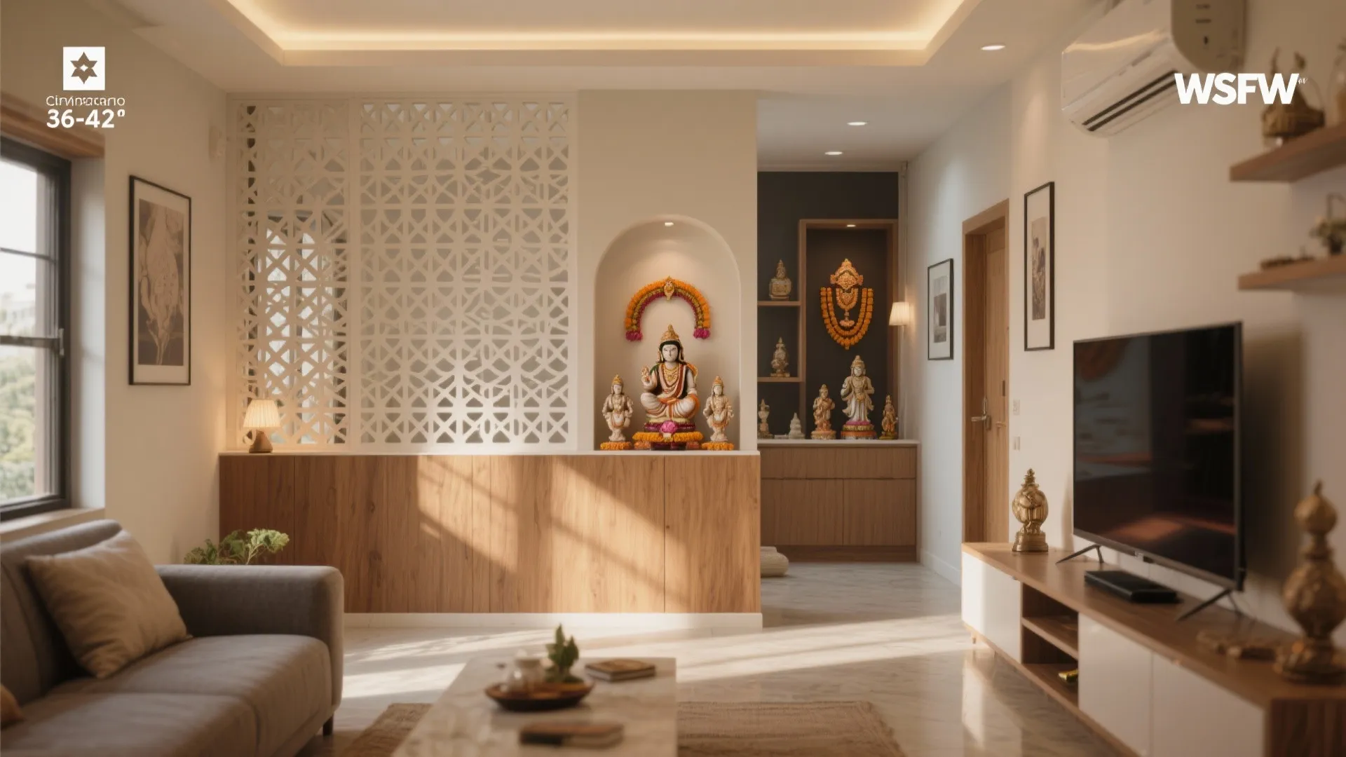 Half-height PVC jali partition zones a studio apartment pooja area with warm neutral tones and wood accents.