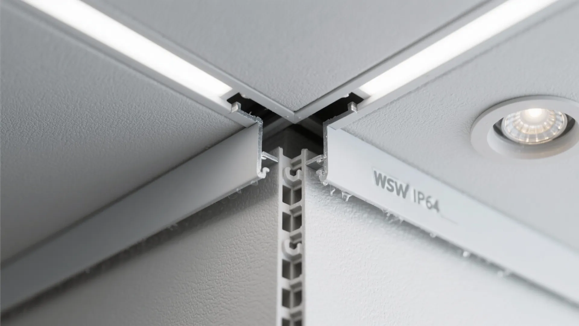 Close up view of white ceiling light fixture with metal joints and round recessed light