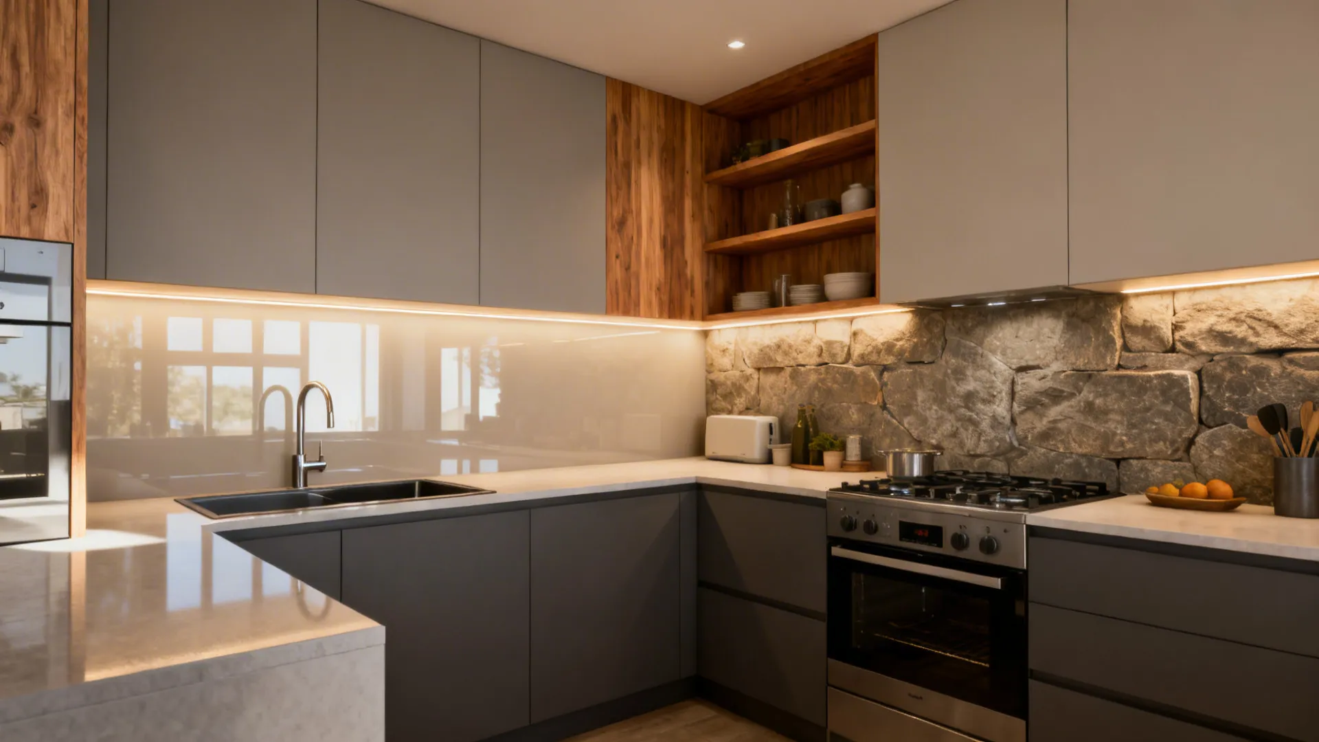 Small kitchen showing matte, gloss, wood-look, and stone-effect PVC zones in harmony.