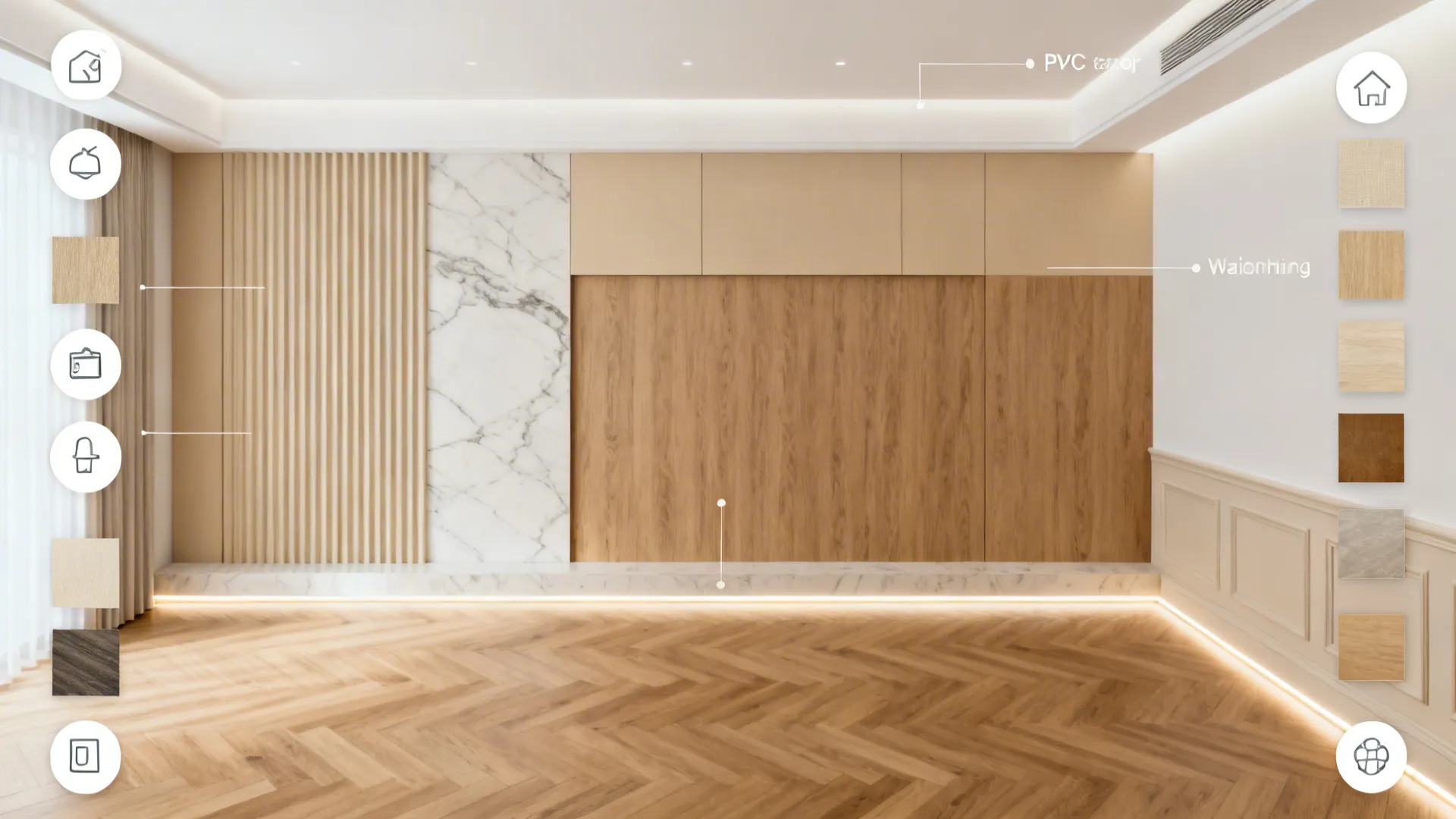 Top-down drawing room plan highlighting PVC panel zones and LED placement with material swatches.