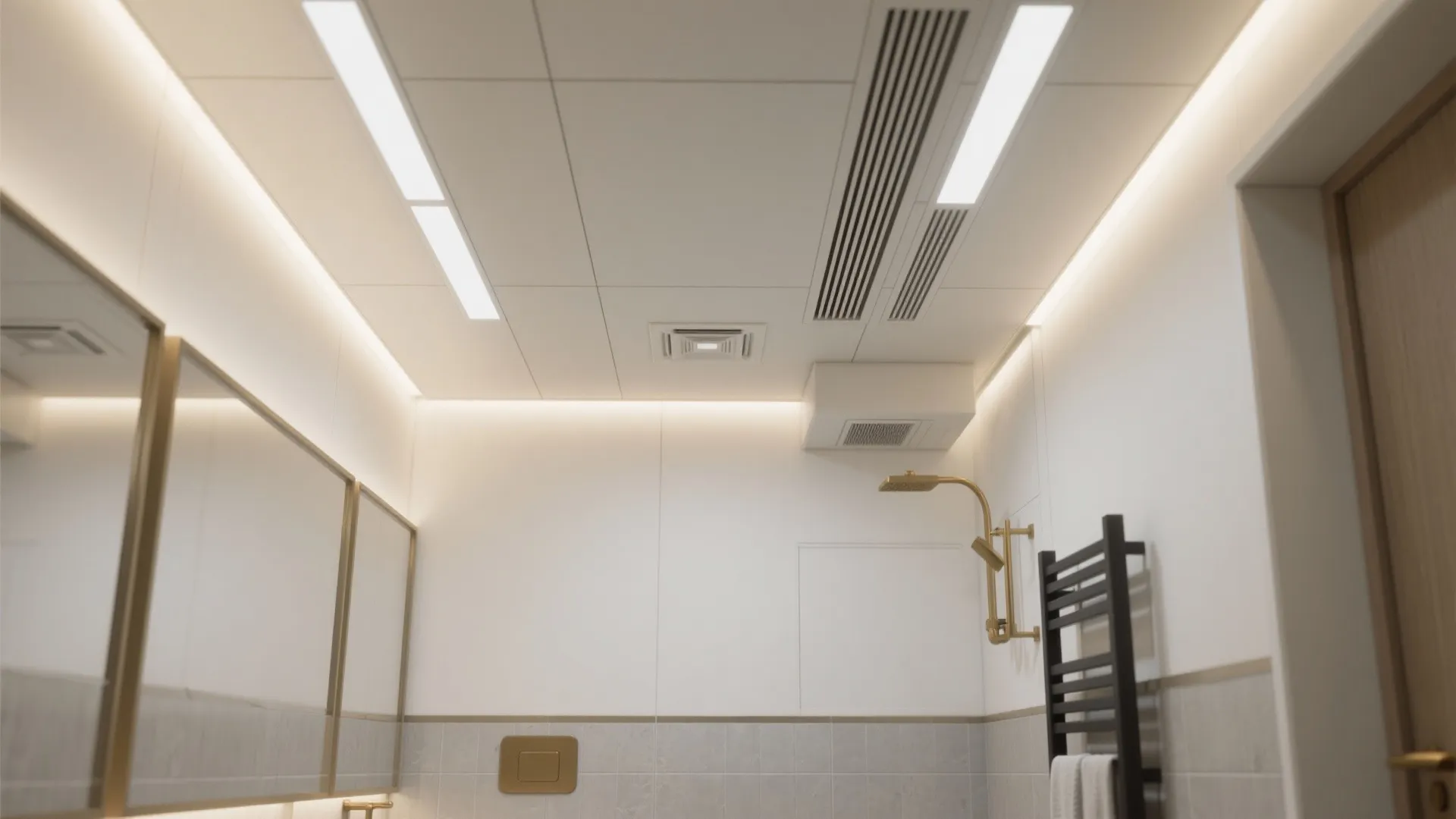 Modern white bathroom ceiling with hidden light strips gold shower head and large wall mirrors