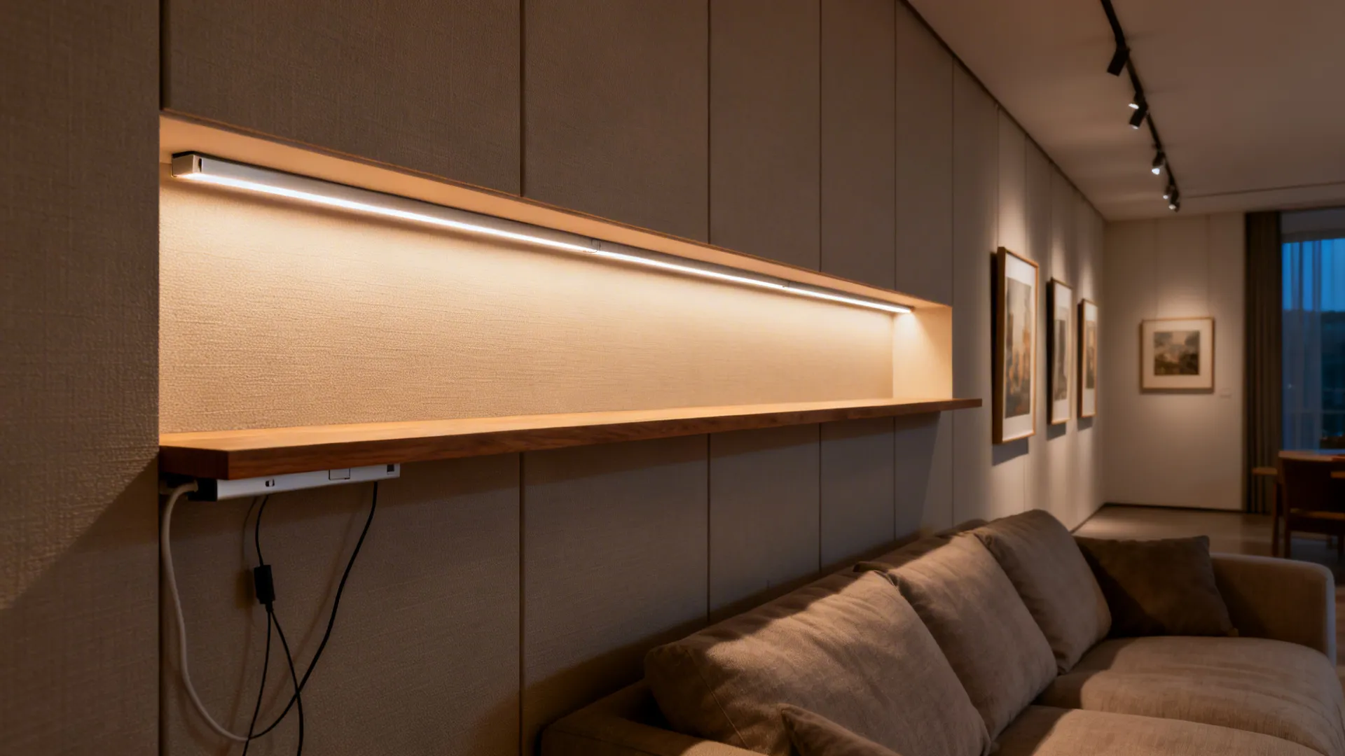 Matte PVC wall with concealed LED cove wash grazing texture behind a floating shelf.