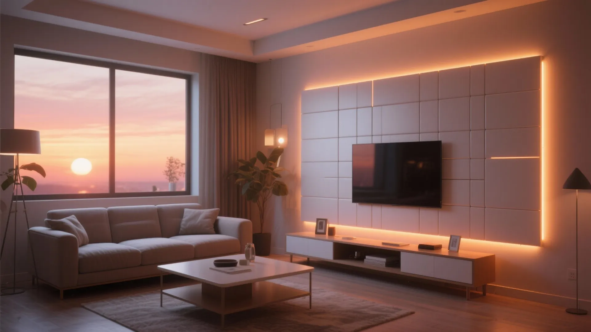 Living room with television on square wall panels orange light fixture and large sunset windows