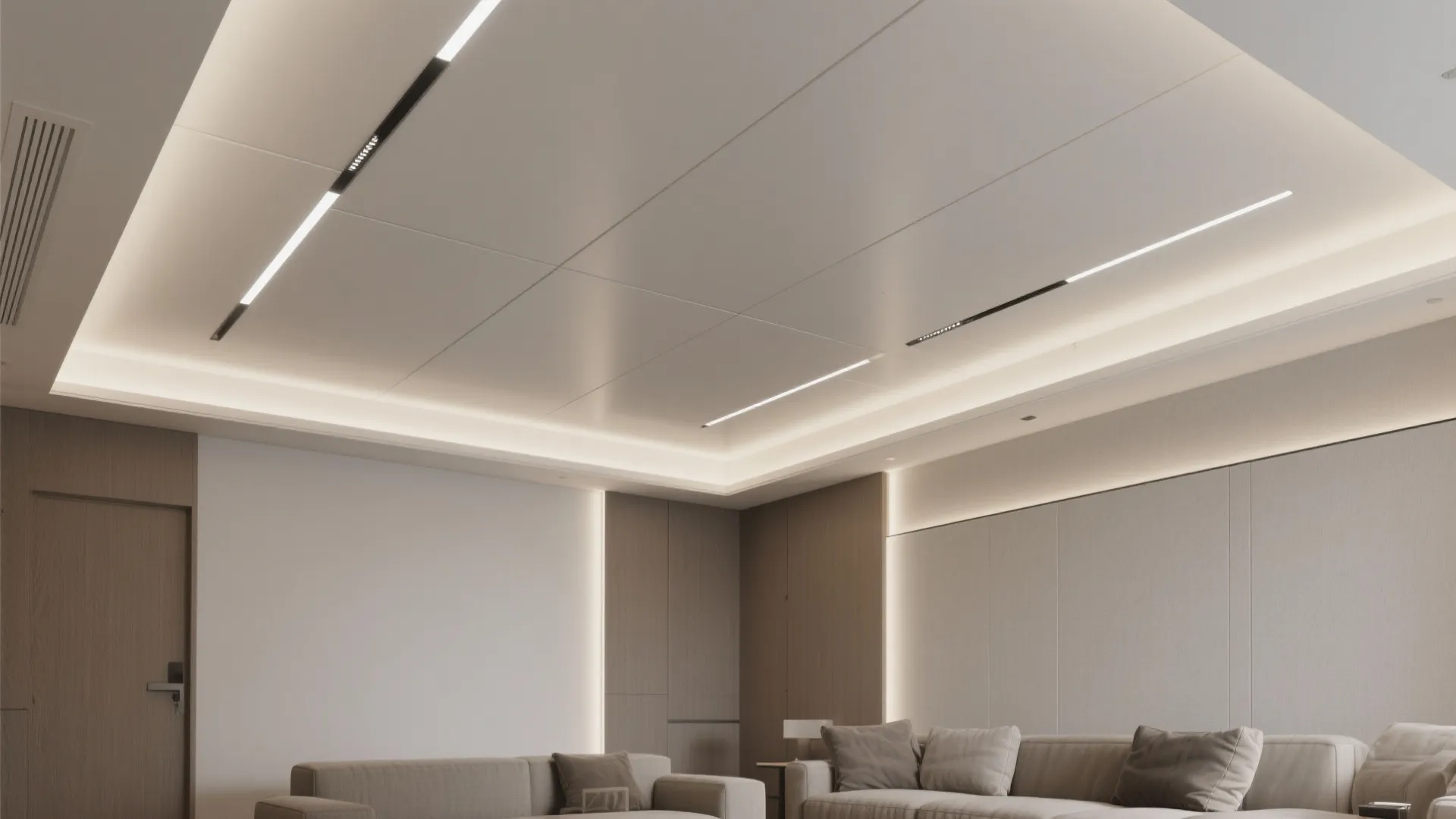 Interior design drawing of a ceiling with linear light fixtures and warm hidden light strips