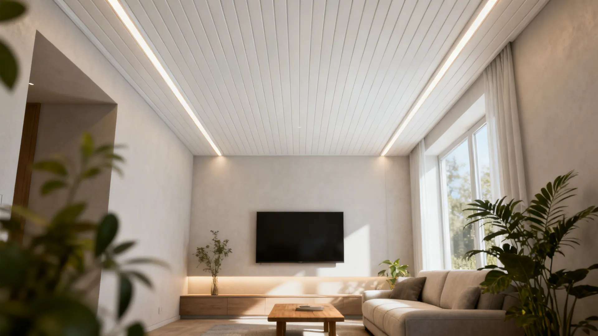 Linear-groove PVC ceiling with concealed LED strips elongating a compact living room.