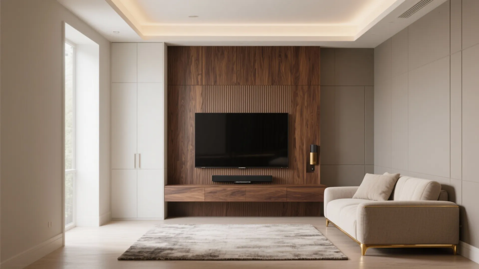Modern living room featuring white sofa television on wood wall panel and tall white storage