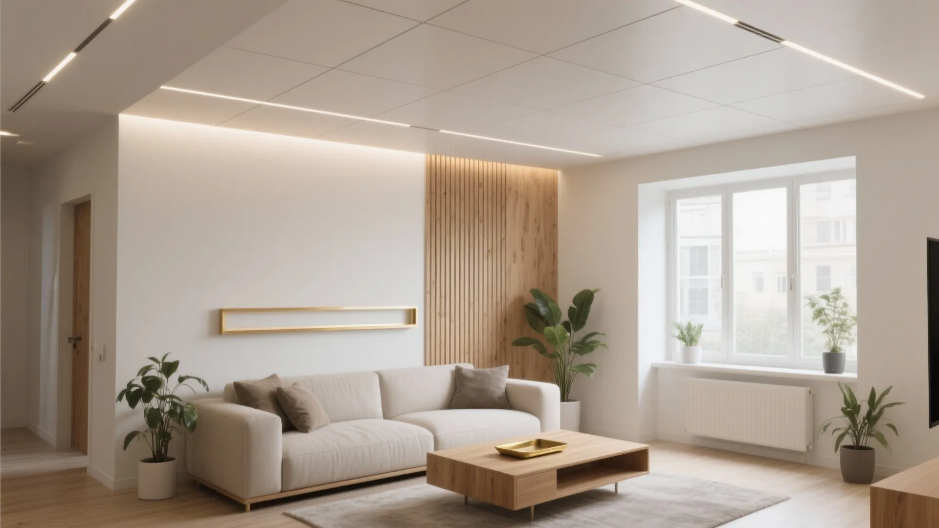 Bright living room with white walls wood wall panel cream sofa coffee table and plants