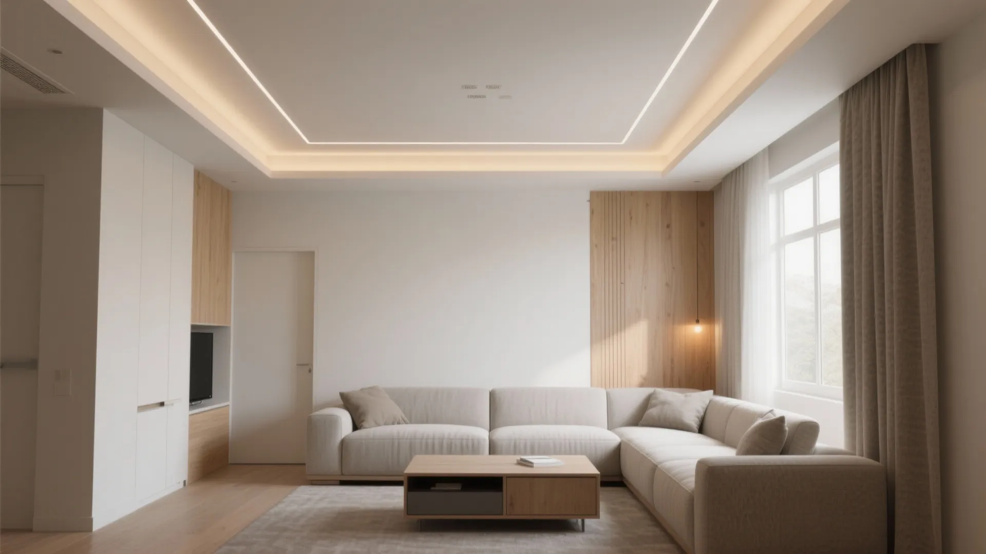 Modern living room featuring beige sofa wooden coffee table white walls wood paneling and lighting