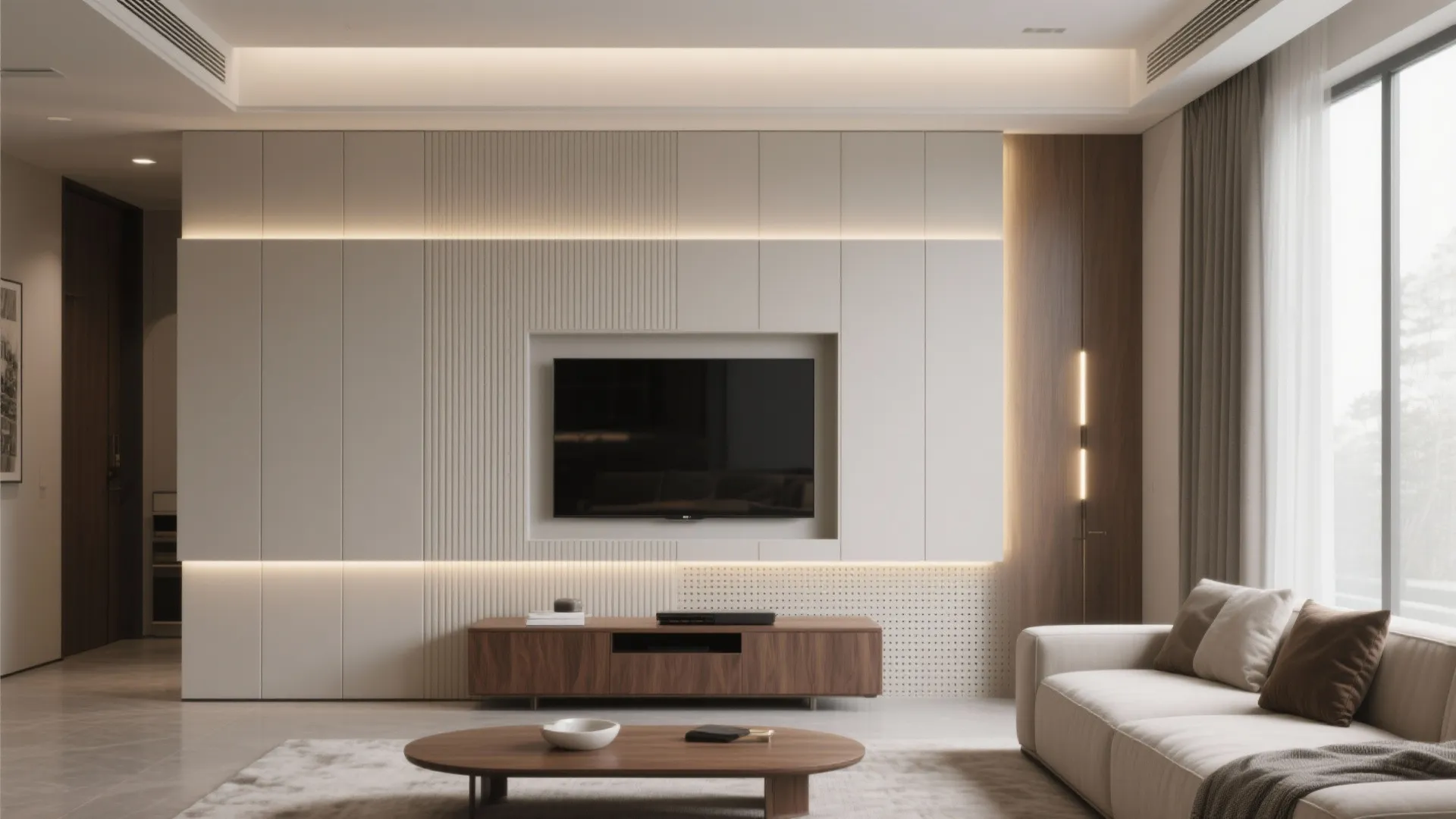 Modern living room with white wall panels, mounted television, wooden cabinet, sofa, and warm lighting