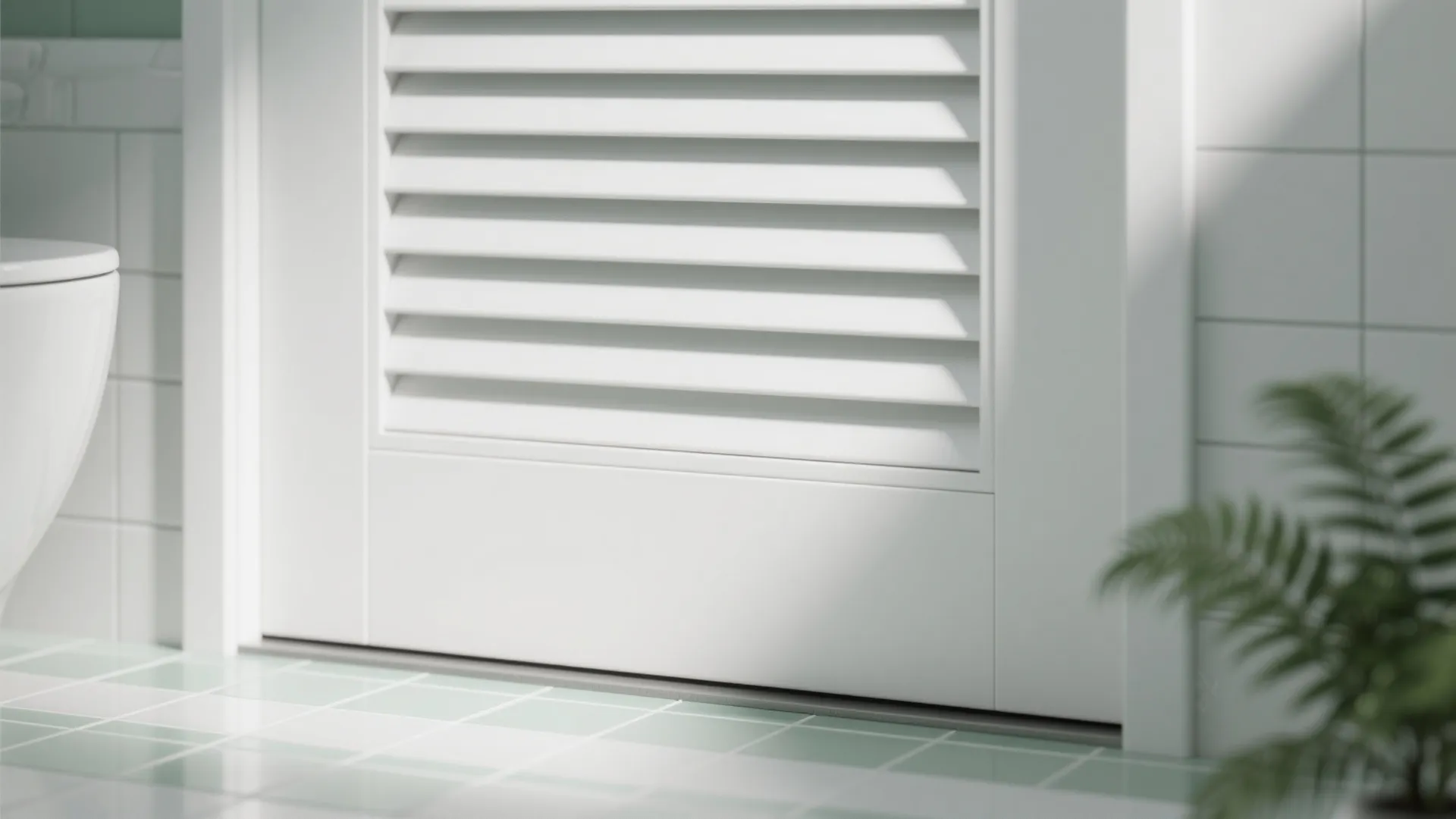 Close up of white bathroom door with horizontal slats next to a green plant and toilet