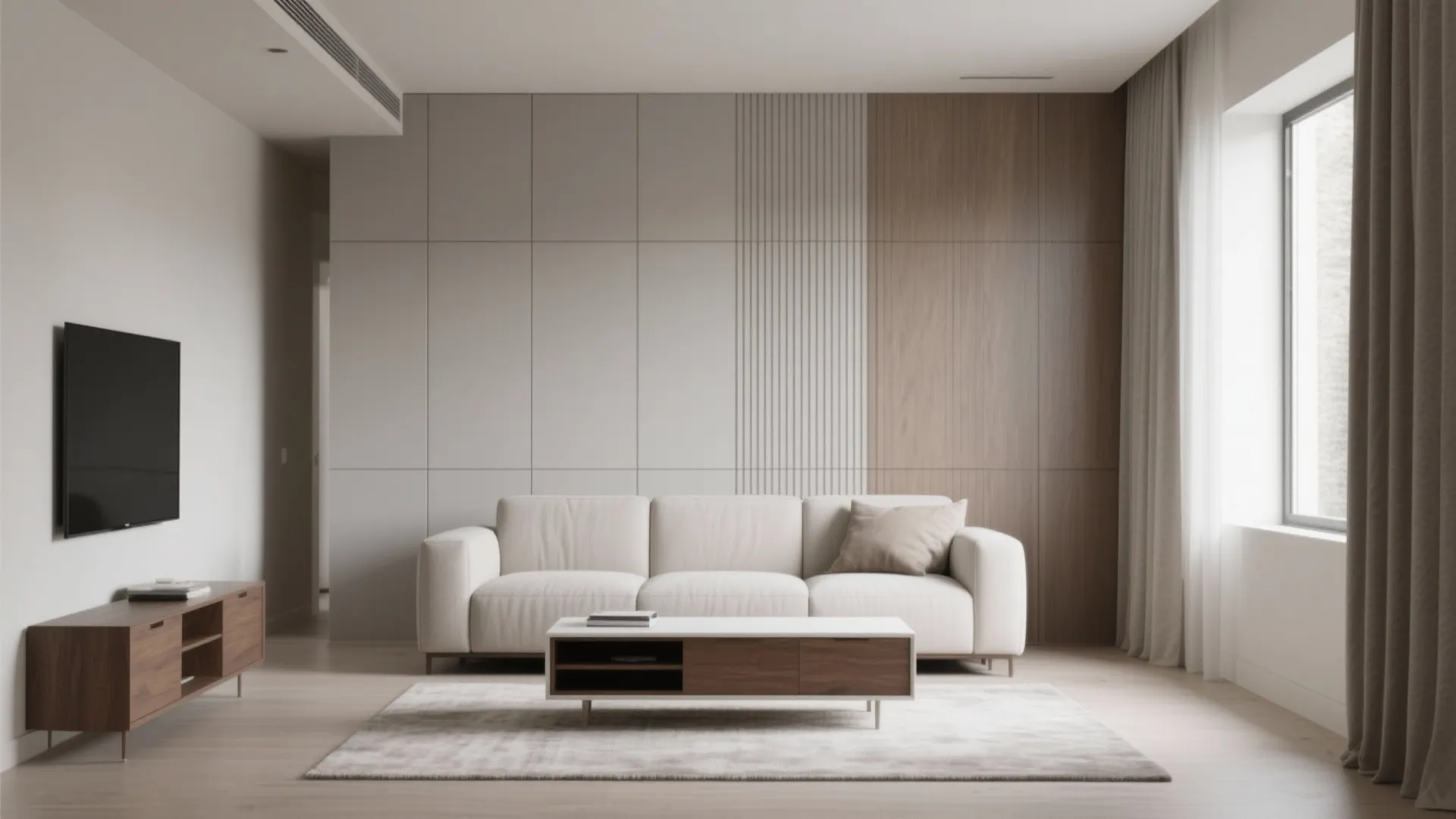 Minimalist living room with white sofa, wooden wall panels, coffee table, rug, and wall television