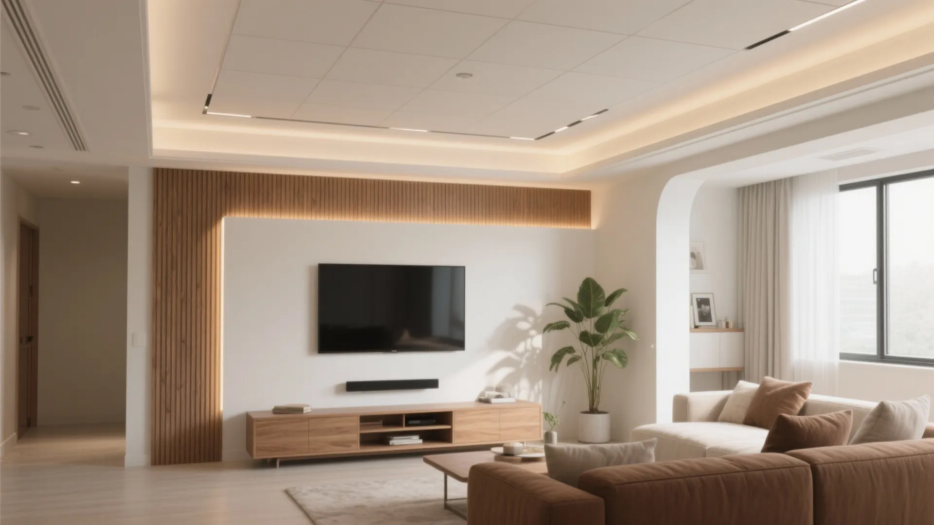 Modern living room with brown sofa wooden cabinet wall panel television and warm ceiling light fixture