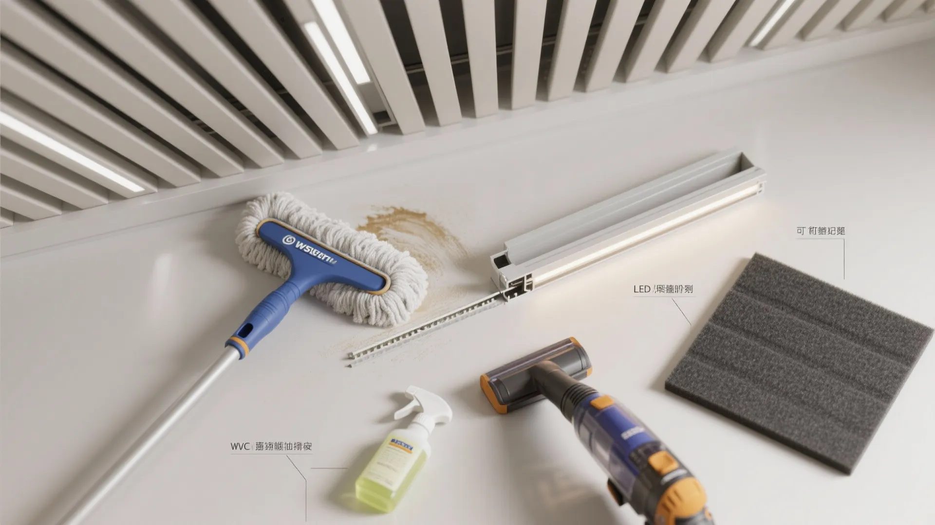 Top-down layout of maintenance tools and checks for PVC ceilings including mop, vacuum brush, soap spray, and trims.