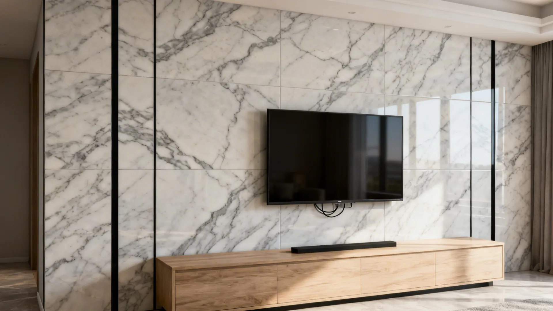 TV wall with satin faux Calacatta PVC panels and light wood console.