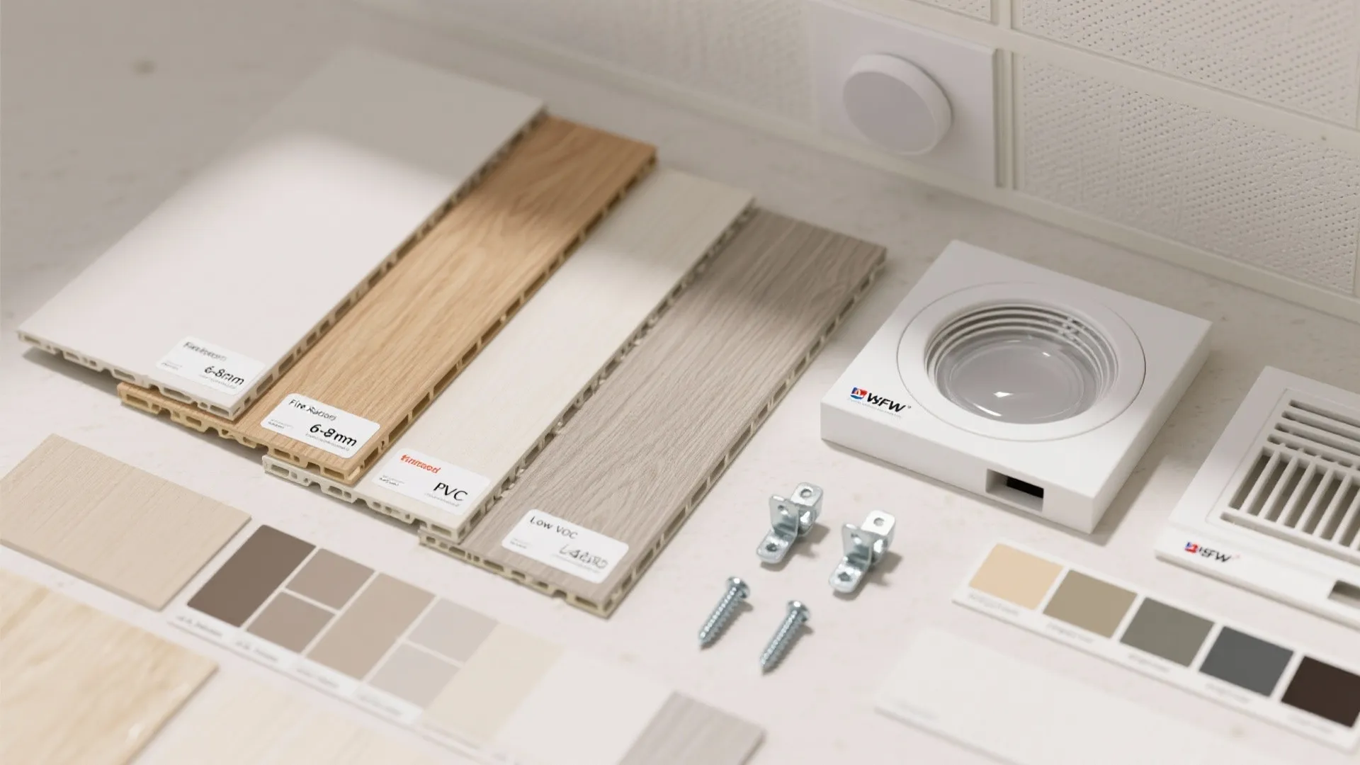 Interior design materials including wood look panels, color swatches, screws, and a white light fixture