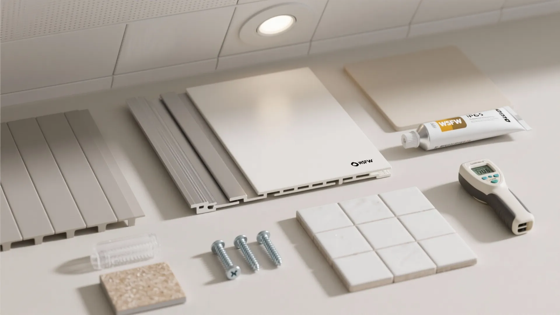 Flat lay of wall panels tiles screws adhesive tube and digital tool on white table
