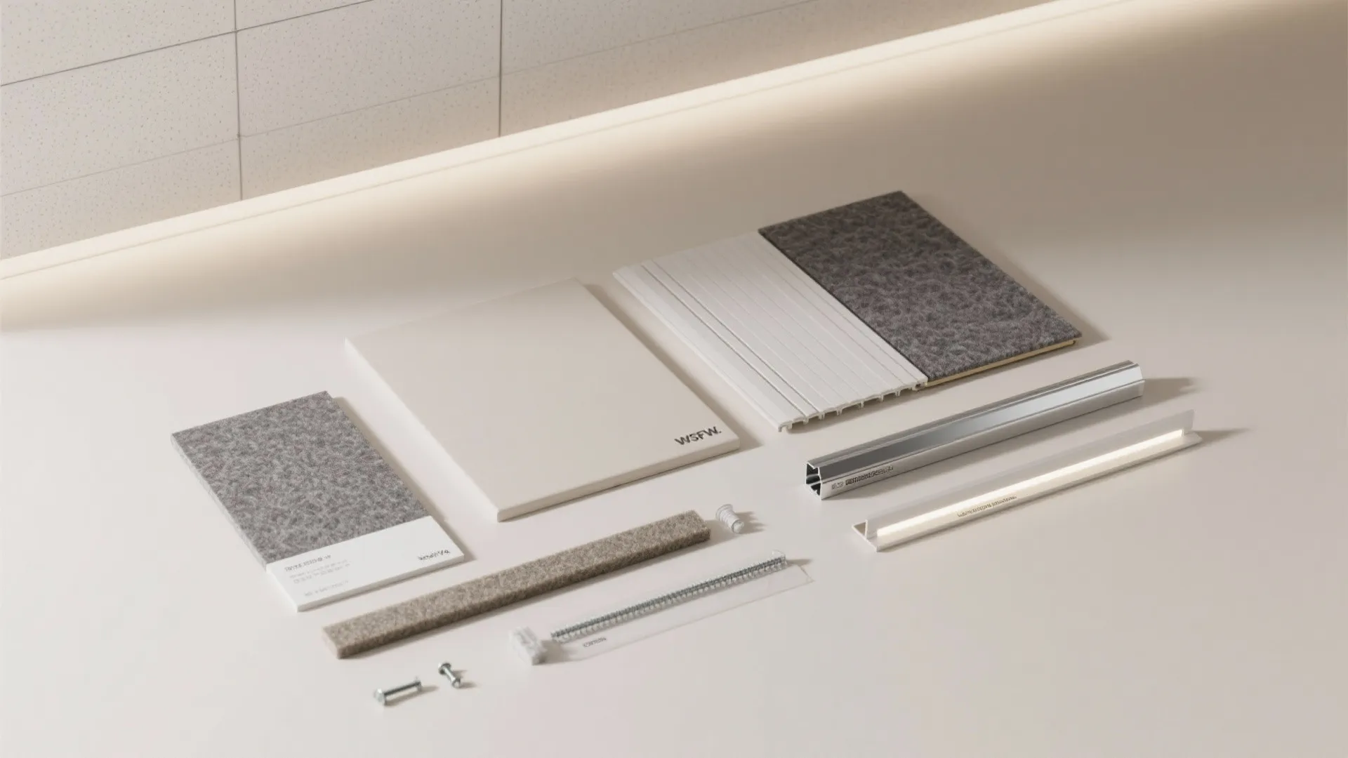 Flatlay of hallway ceiling materials including PVC samples, slat profile, LED channel, acoustic felt, and trims.