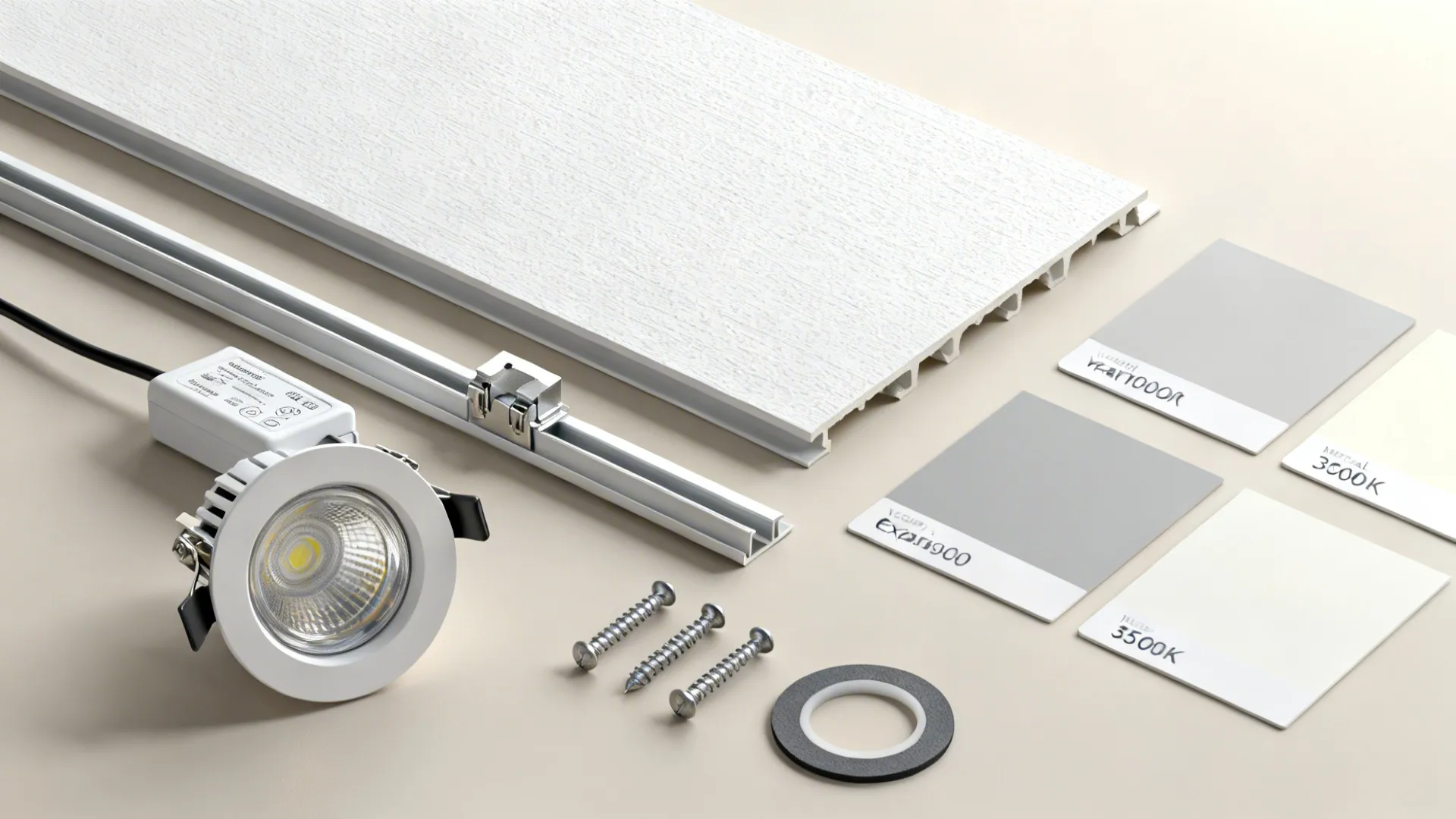 Flatlay of matte PVC ceiling planks, clip-in LED spots, trims, and drivers.